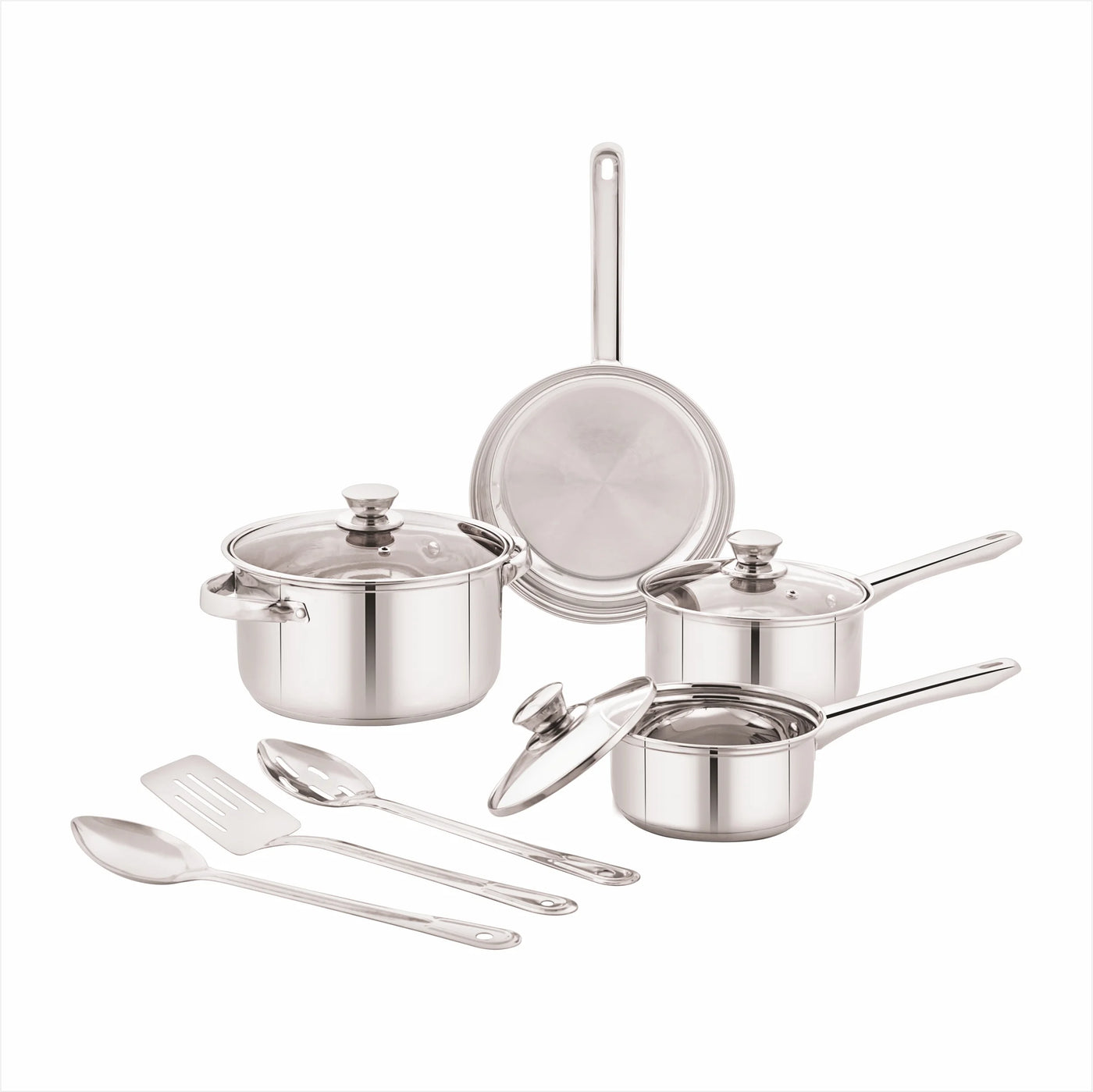 Stainless Steel 10-Piece Cookware Set with Lids and Kitchen Utensils, for Cooking, Mixing, Serving and Nonstick Cookware