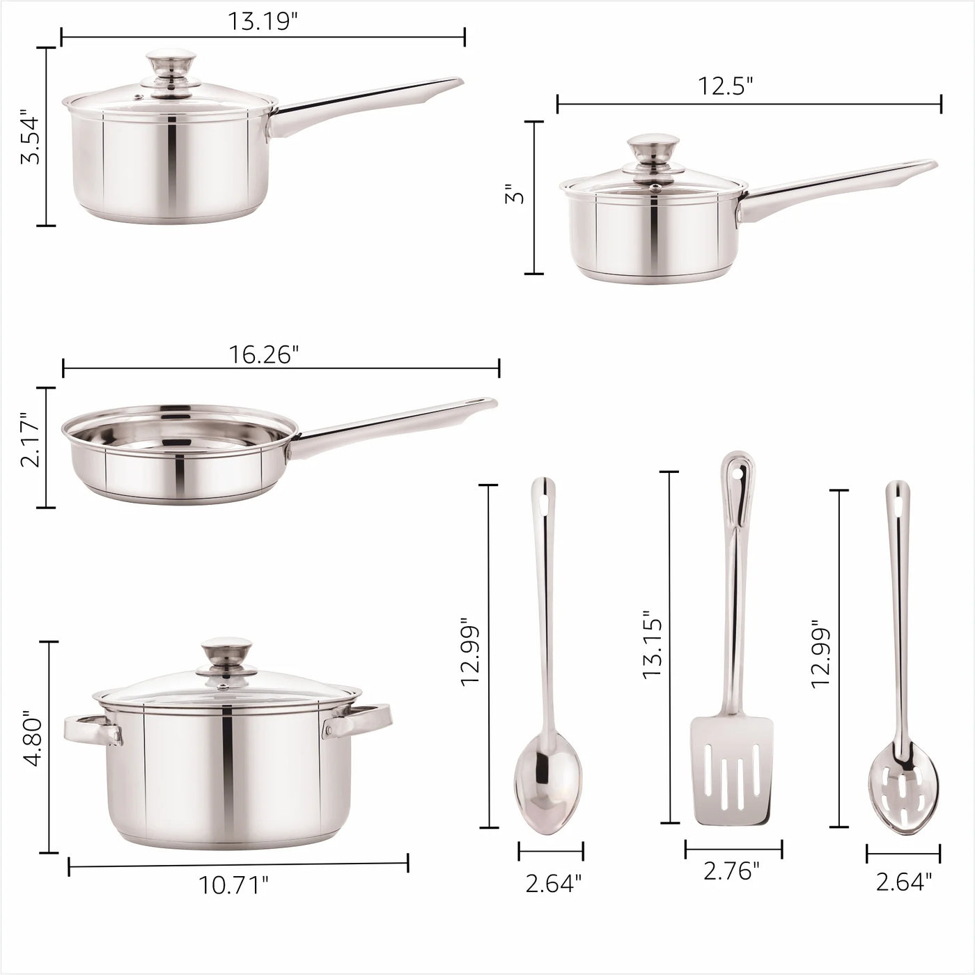 Stainless Steel 10-Piece Cookware Set with Lids and Kitchen Utensils, for Cooking, Mixing, Serving and Nonstick Cookware