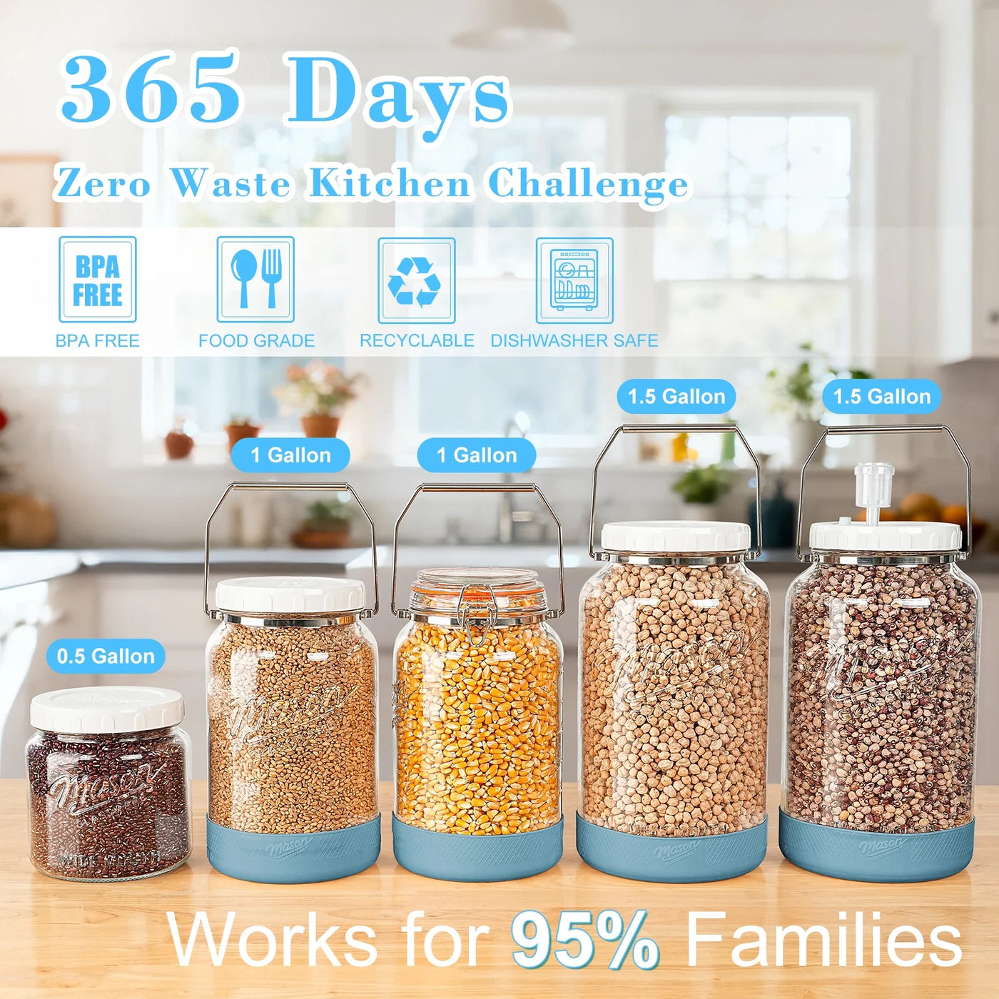 2 Packs 1 Gallon Glass Jar with Airtight Lids, Wide Mouth Mason Jars with Clip Top Lids and Stainless Steel Handle and Silicone Base