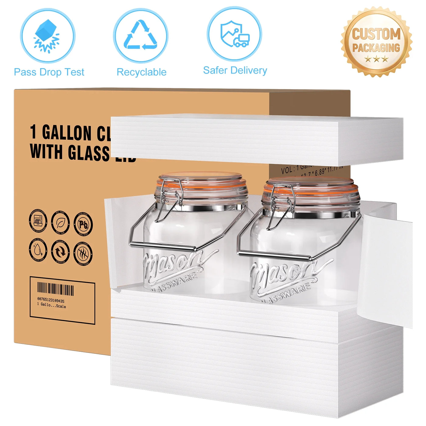 2 Packs 1 Gallon Glass Jar with Airtight Lids, Wide Mouth Mason Jars with Clip Top Lids and Stainless Steel Handle and Silicone Base