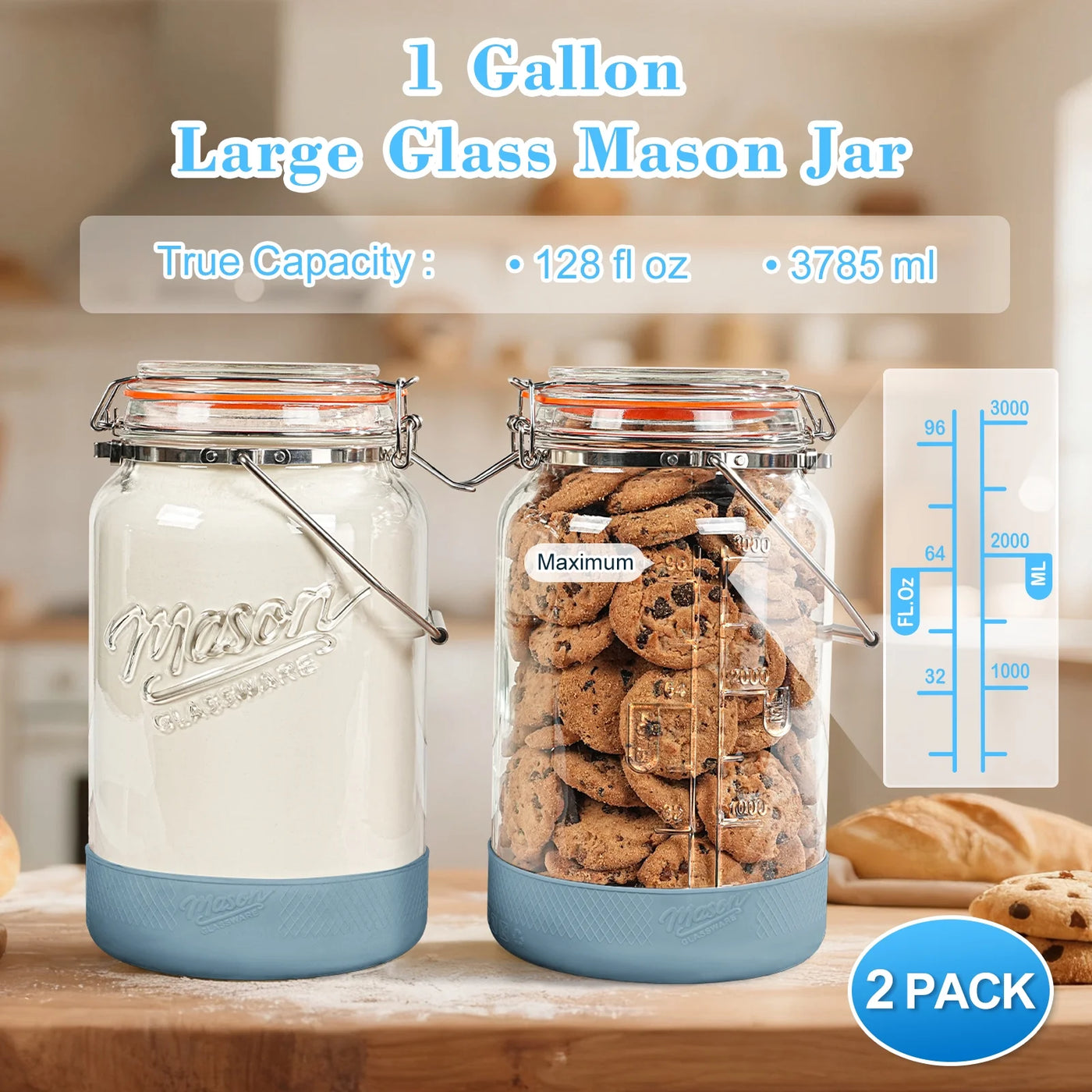 2 Packs 1 Gallon Glass Jar with Airtight Lids, Wide Mouth Mason Jars with Clip Top Lids and Stainless Steel Handle and Silicone Base