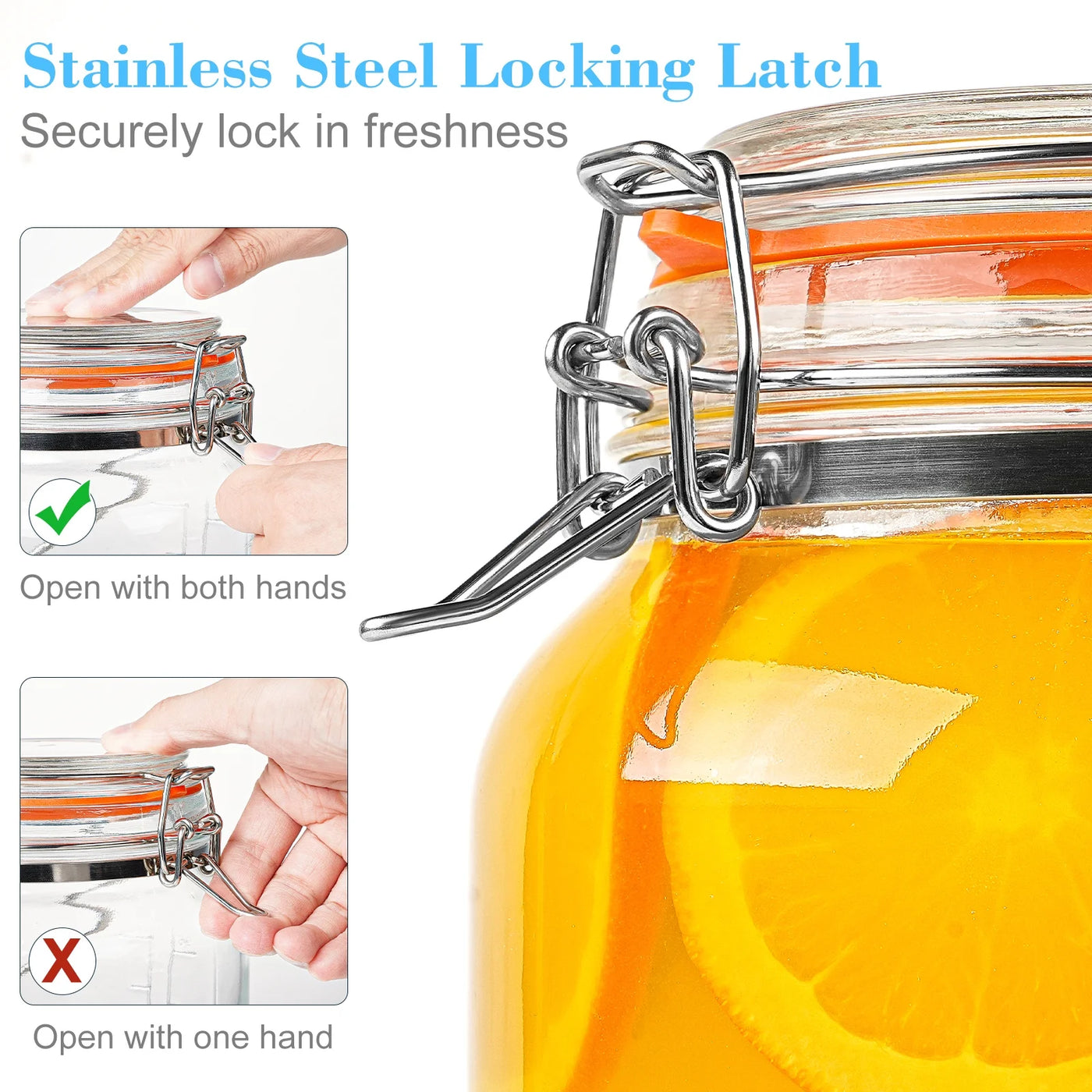 2 Packs 1 Gallon Glass Jar with Airtight Lids, Wide Mouth Mason Jars with Clip Top Lids and Stainless Steel Handle and Silicone Base