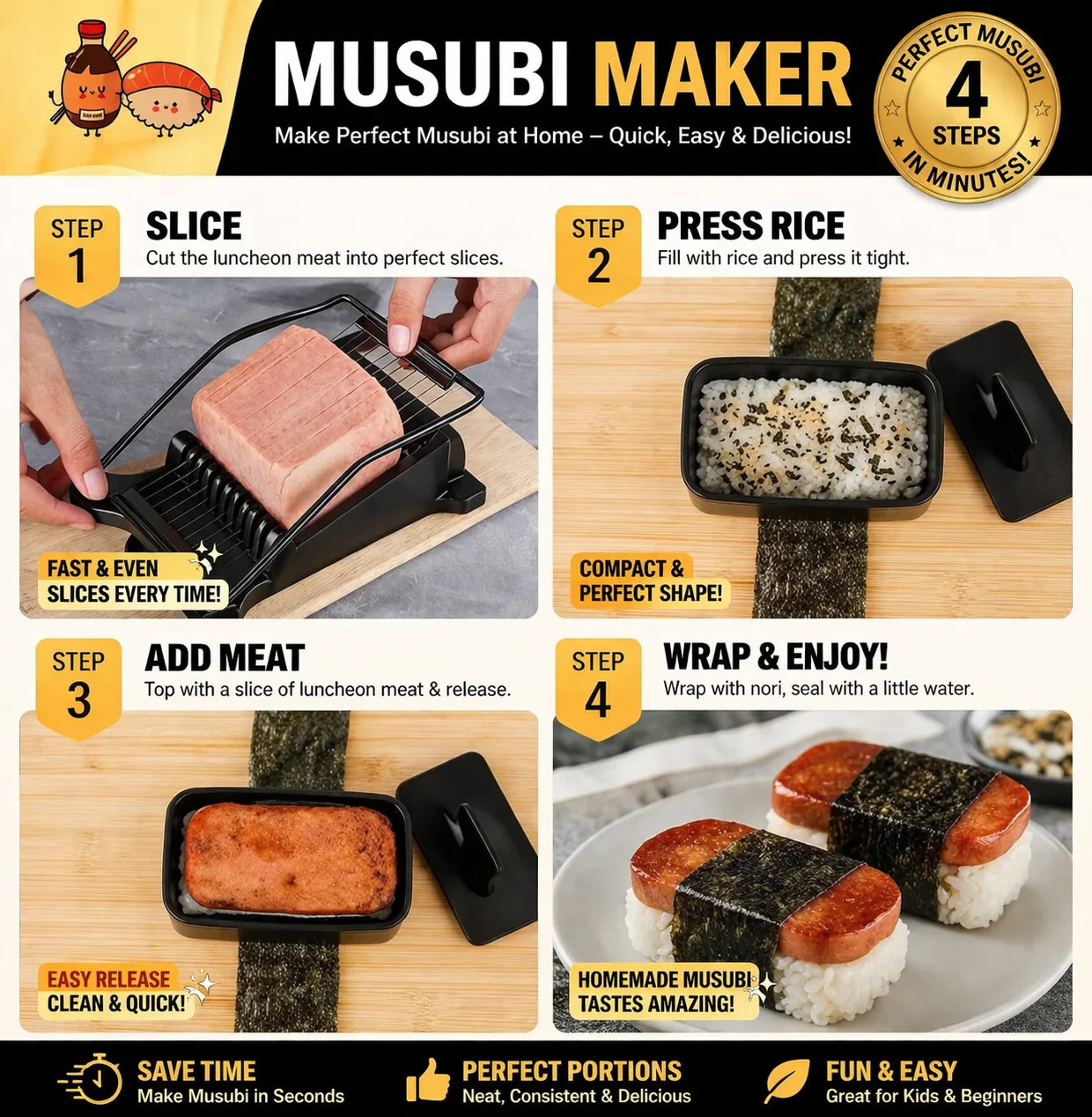 Musubi Maker Press Kit with Spam Slicer Onigiri Mold for Lunch Bento, Homemade Sushi, for Everyday Home Kitchen Cooking, Storage and Organization