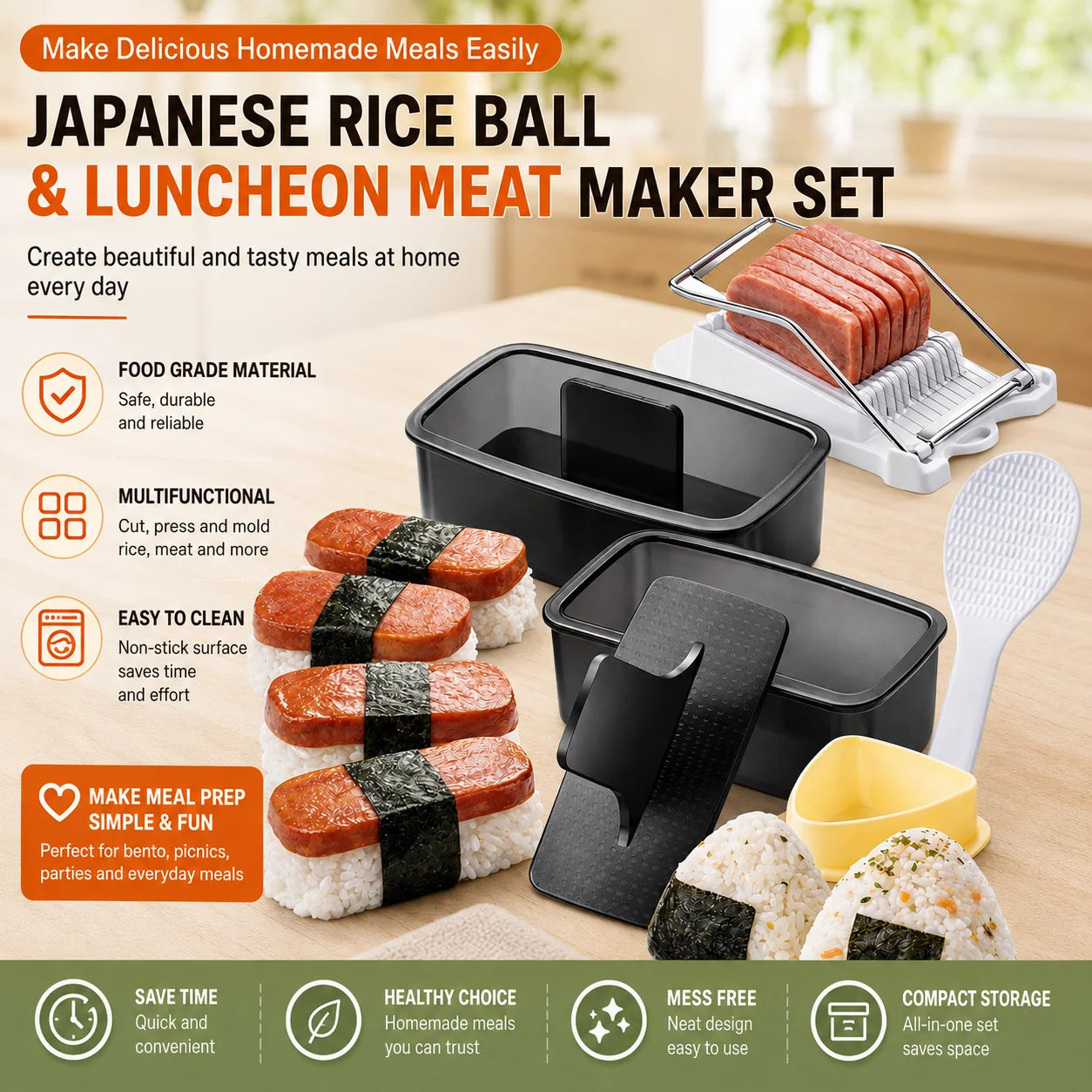 Musubi Maker Press Kit with Spam Slicer Onigiri Mold for Lunch Bento, Homemade Sushi, for Everyday Home Kitchen Cooking, Storage and Organization