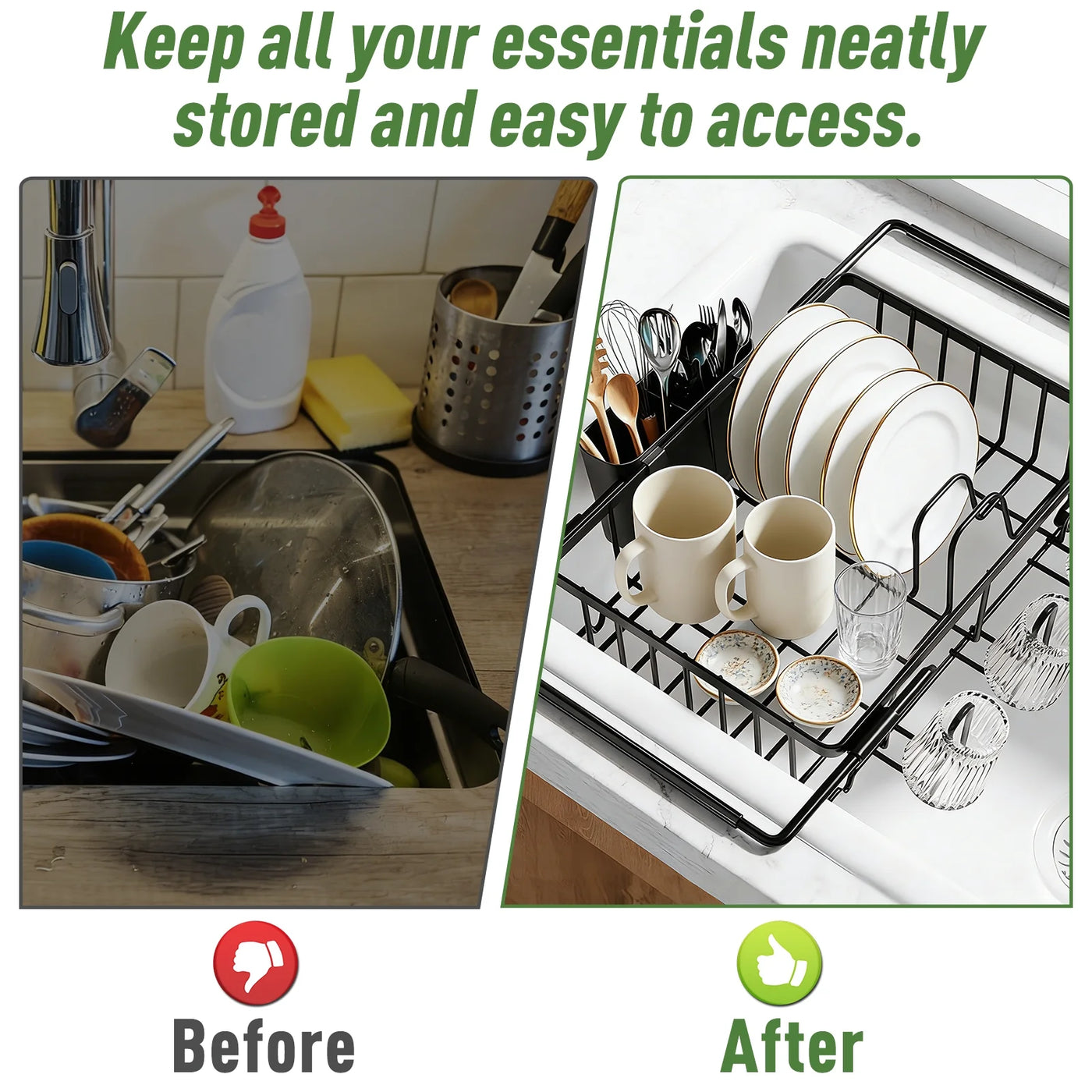 Dish Drying Rack in Sink, Expandable Stainless Steel Dish Rack Over The Sink, Kitchen Sink Drain Strainer with Cutlery Holder and Cup Holders