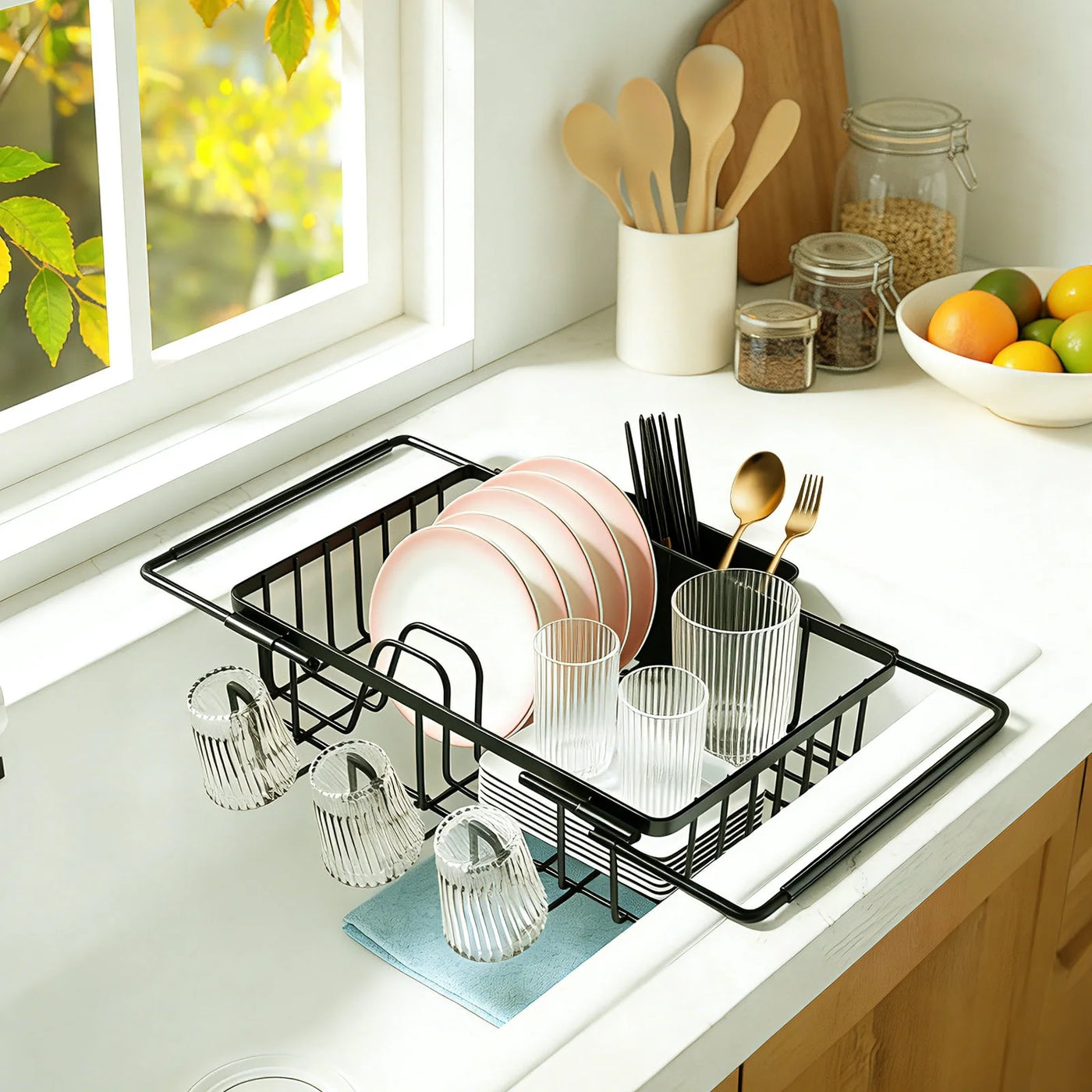 Dish Drying Rack in Sink, Expandable Stainless Steel Dish Rack Over The Sink, Kitchen Sink Drain Strainer with Cutlery Holder and Cup Holders