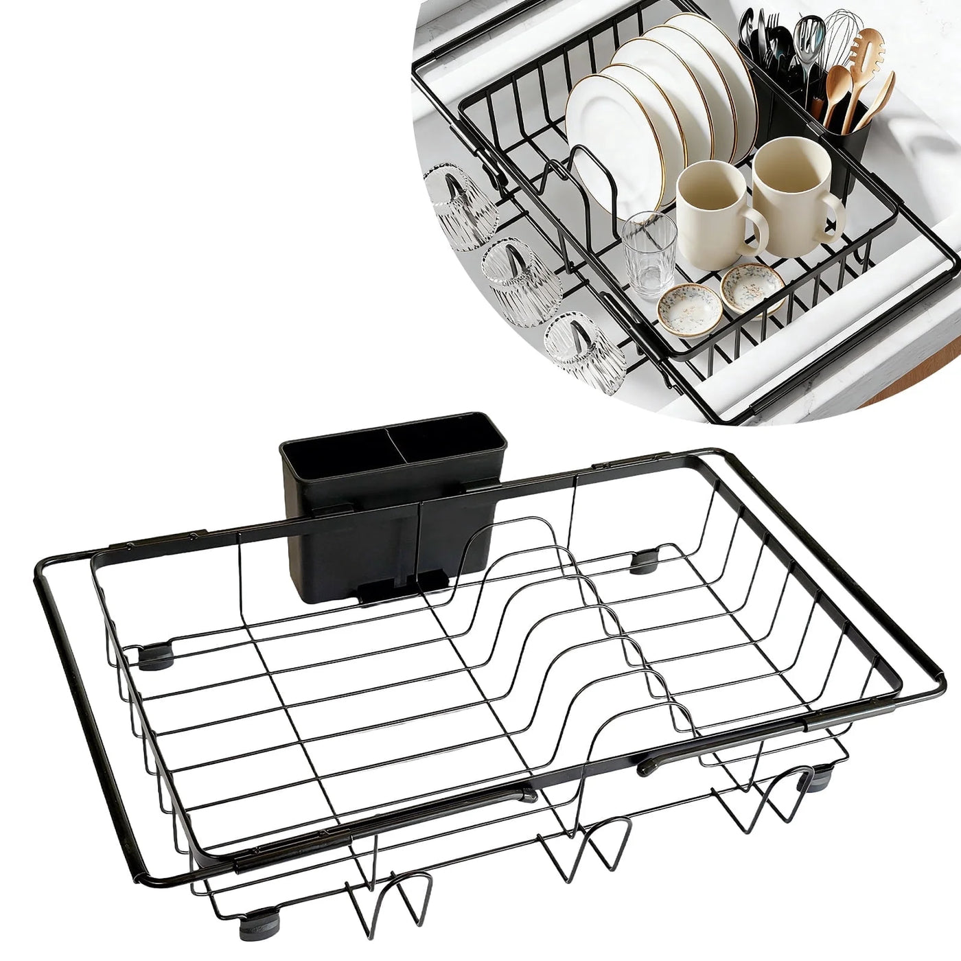Dish Drying Rack in Sink, Expandable Stainless Steel Dish Rack Over The Sink, Kitchen Sink Drain Strainer with Cutlery Holder and Cup Holders
