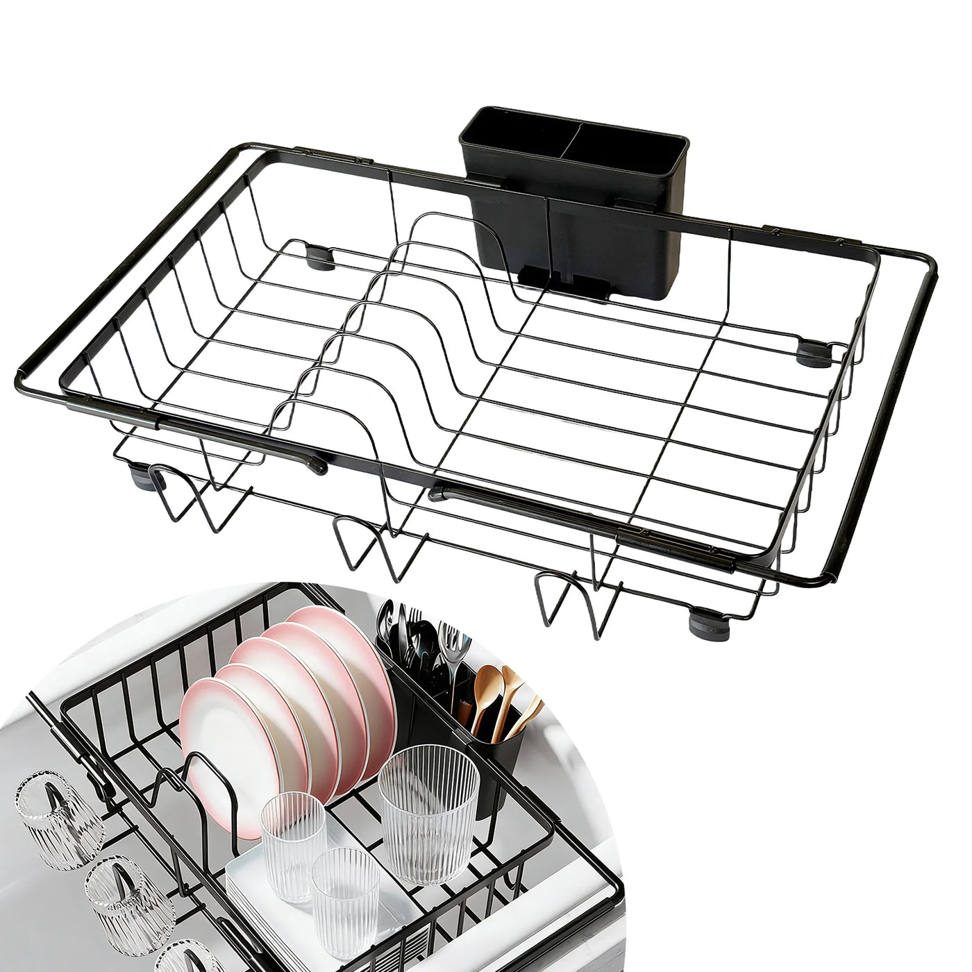 Dish Drying Rack in Sink, Expandable Stainless Steel Dish Rack Over The Sink, Kitchen Sink Drain Strainer with Cutlery Holder and Cup Holders