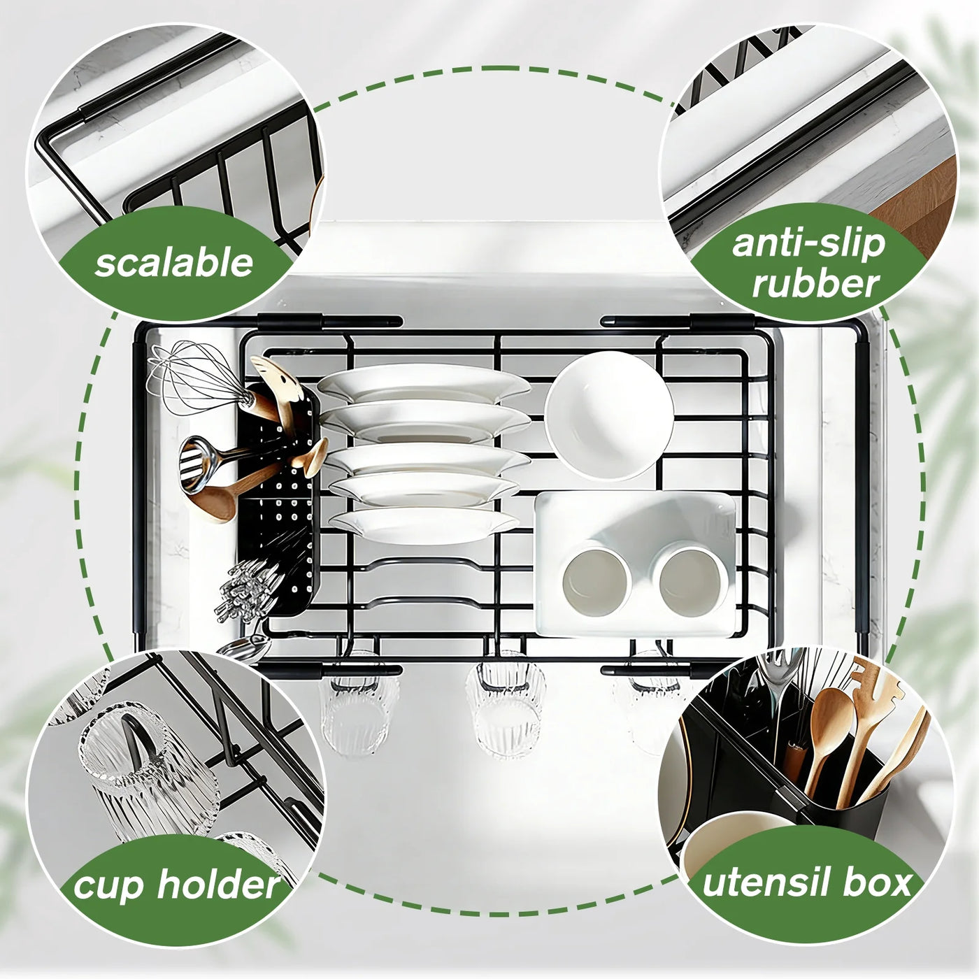 Dish Drying Rack in Sink, Expandable Stainless Steel Dish Rack Over The Sink, Kitchen Sink Drain Strainer with Cutlery Holder and Cup Holders