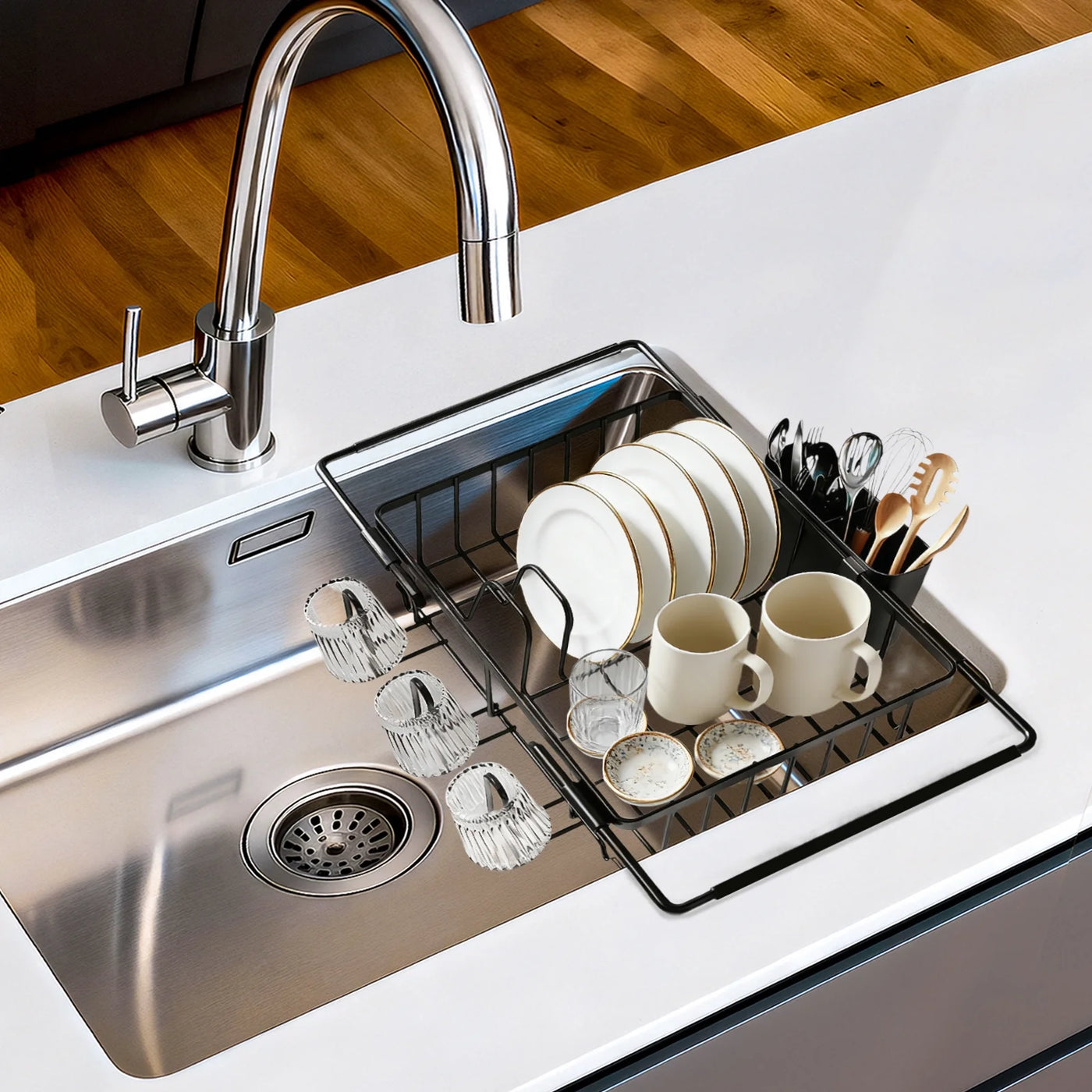 Dish Drying Rack in Sink, Expandable Stainless Steel Dish Rack Over The Sink, Kitchen Sink Drain Strainer with Cutlery Holder and Cup Holders
