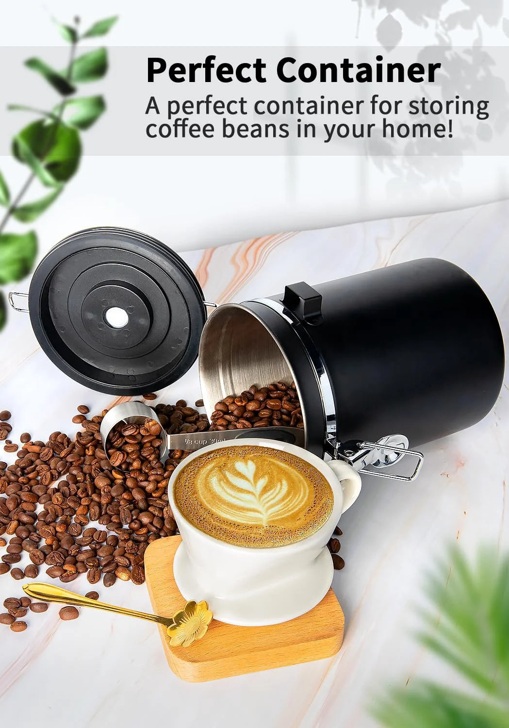 Stainless Steel Coffee Canister, 22oz Airtight Coffee Bean Storage Grounds Container with Date Tracker and Measuring Scoop, Espresso Airtight Canister