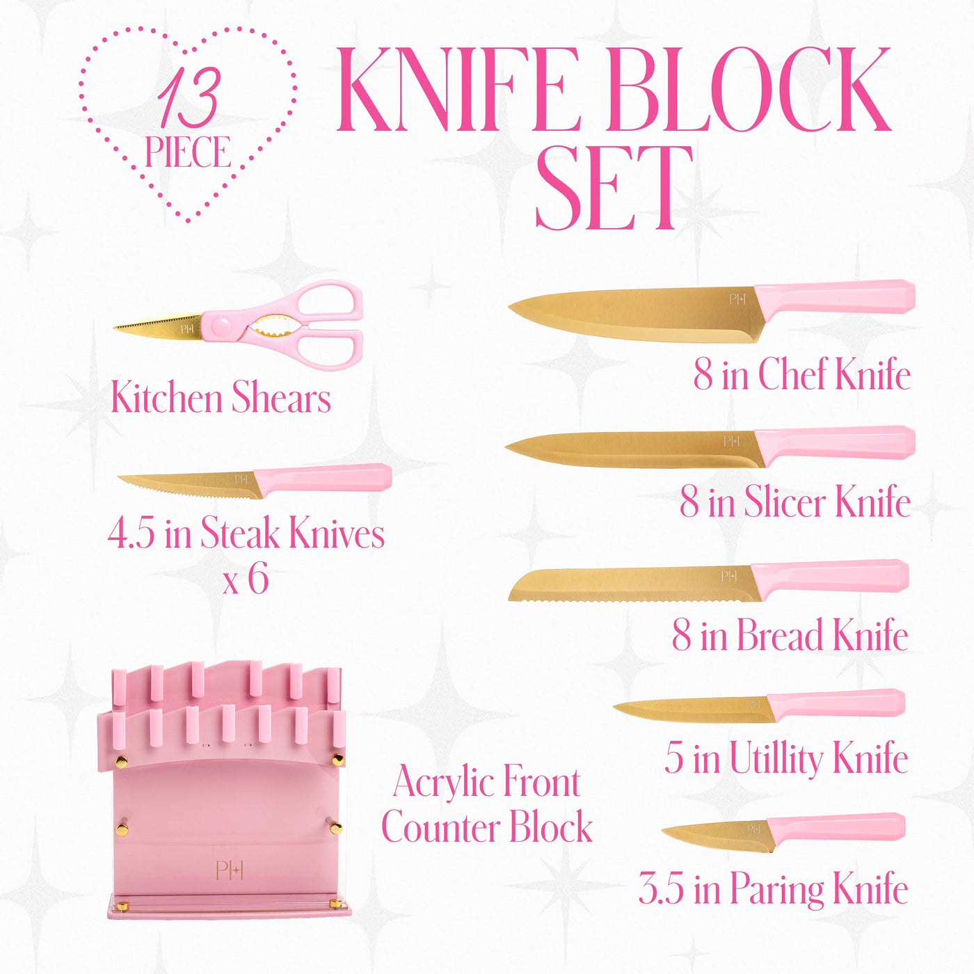13-Piece Knife Block Set with Acrylic Shield, Gold Titanium-coated Stainless Steel Blades, Pink Faceted Handles