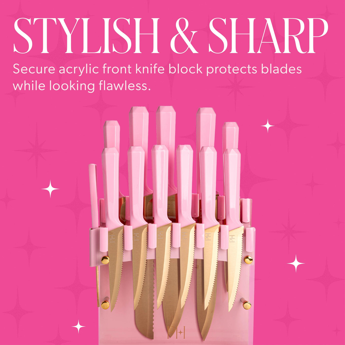 13-Piece Knife Block Set with Acrylic Shield, Gold Titanium-coated Stainless Steel Blades, Pink Faceted Handles