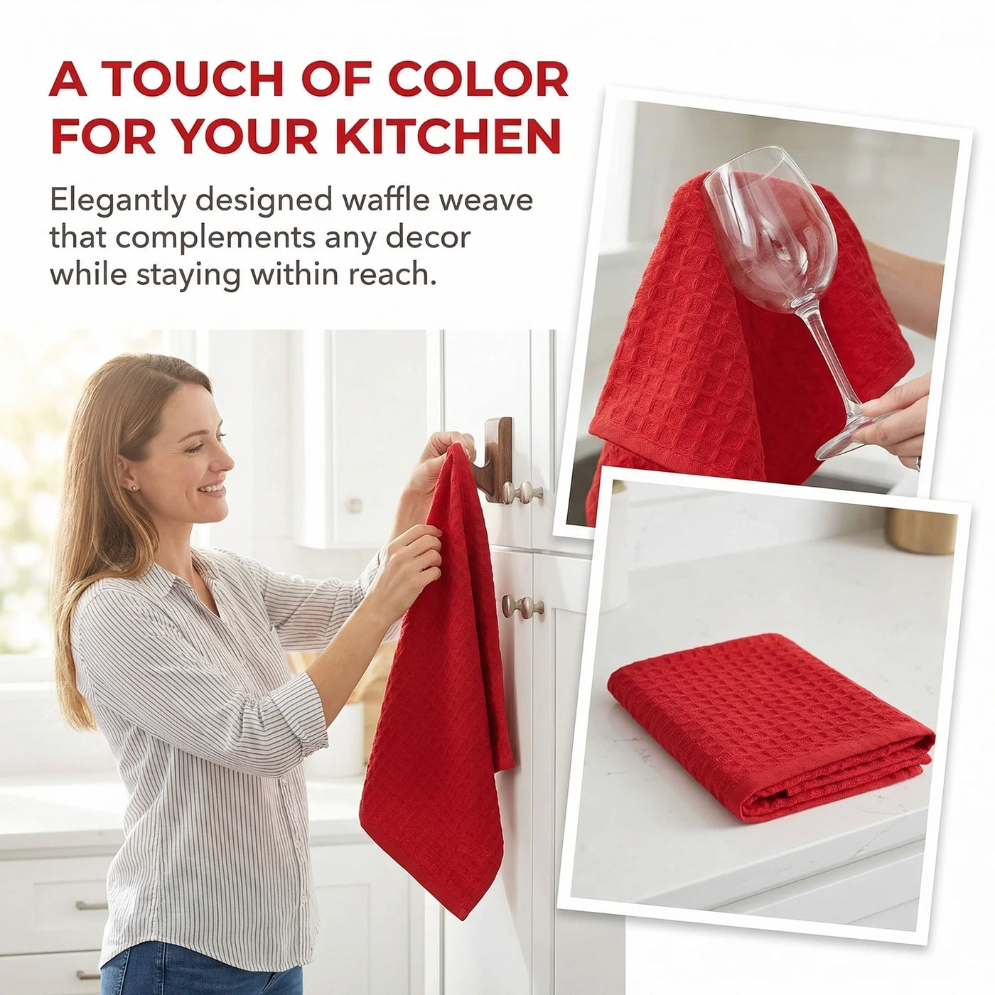 2-Piece 100% Cotton Waffle Weave Solid Color Kitchen Towels Red 12" X 12", for Drying Dishes, Wiping Counters and Everyday Kitchen Cleaning