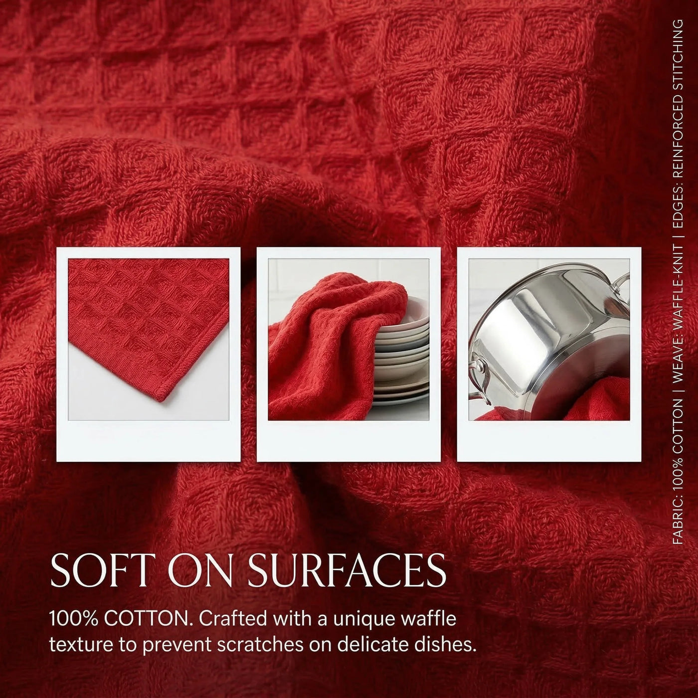 2-Piece 100% Cotton Waffle Weave Solid Color Kitchen Towels Red 12" X 12", for Drying Dishes, Wiping Counters and Everyday Kitchen Cleaning