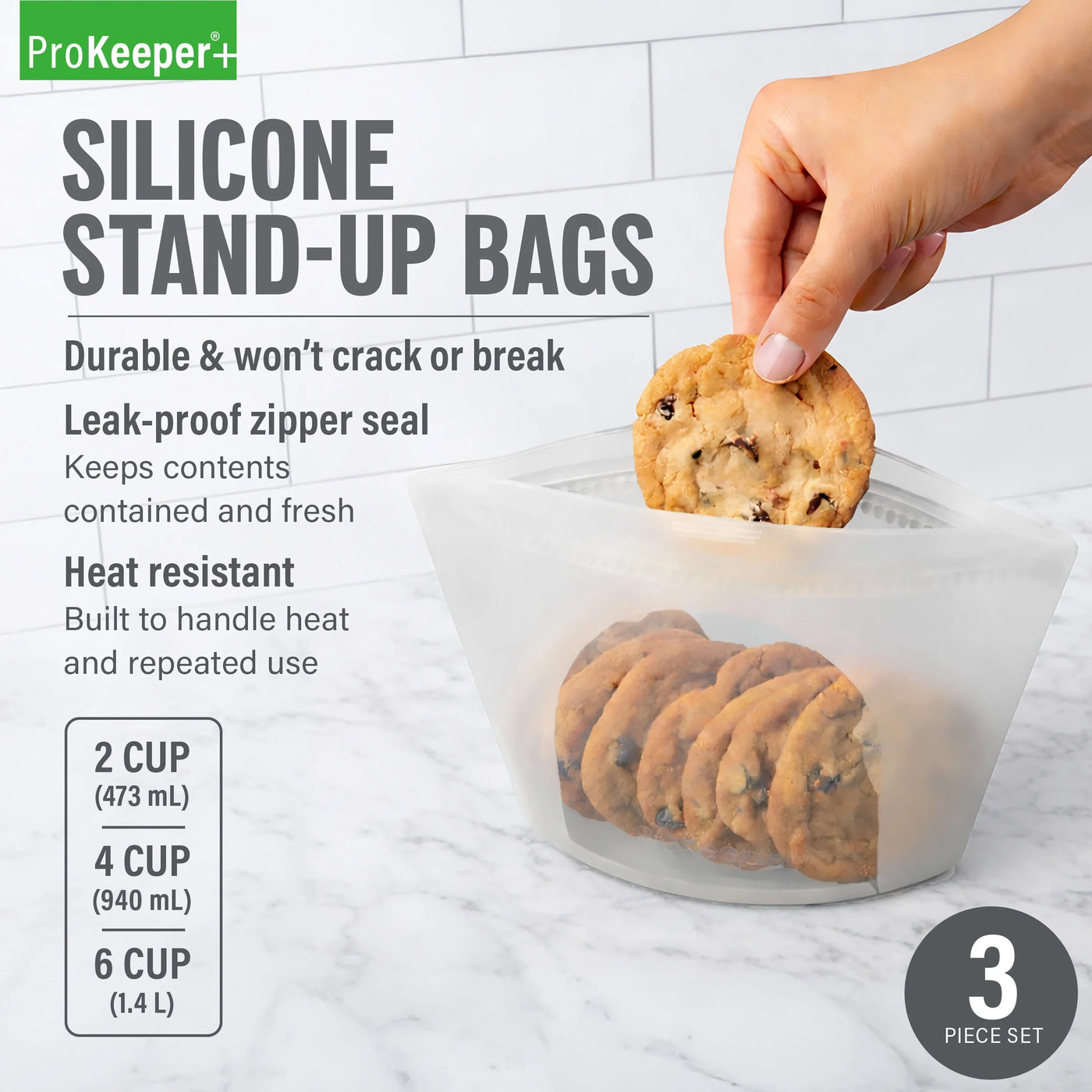 + 3 Silicone Stand Up Snack and Storage Bag, 3-Pack, Mulit Color, Designed to Help with Packed Lunches and Daily Commutes