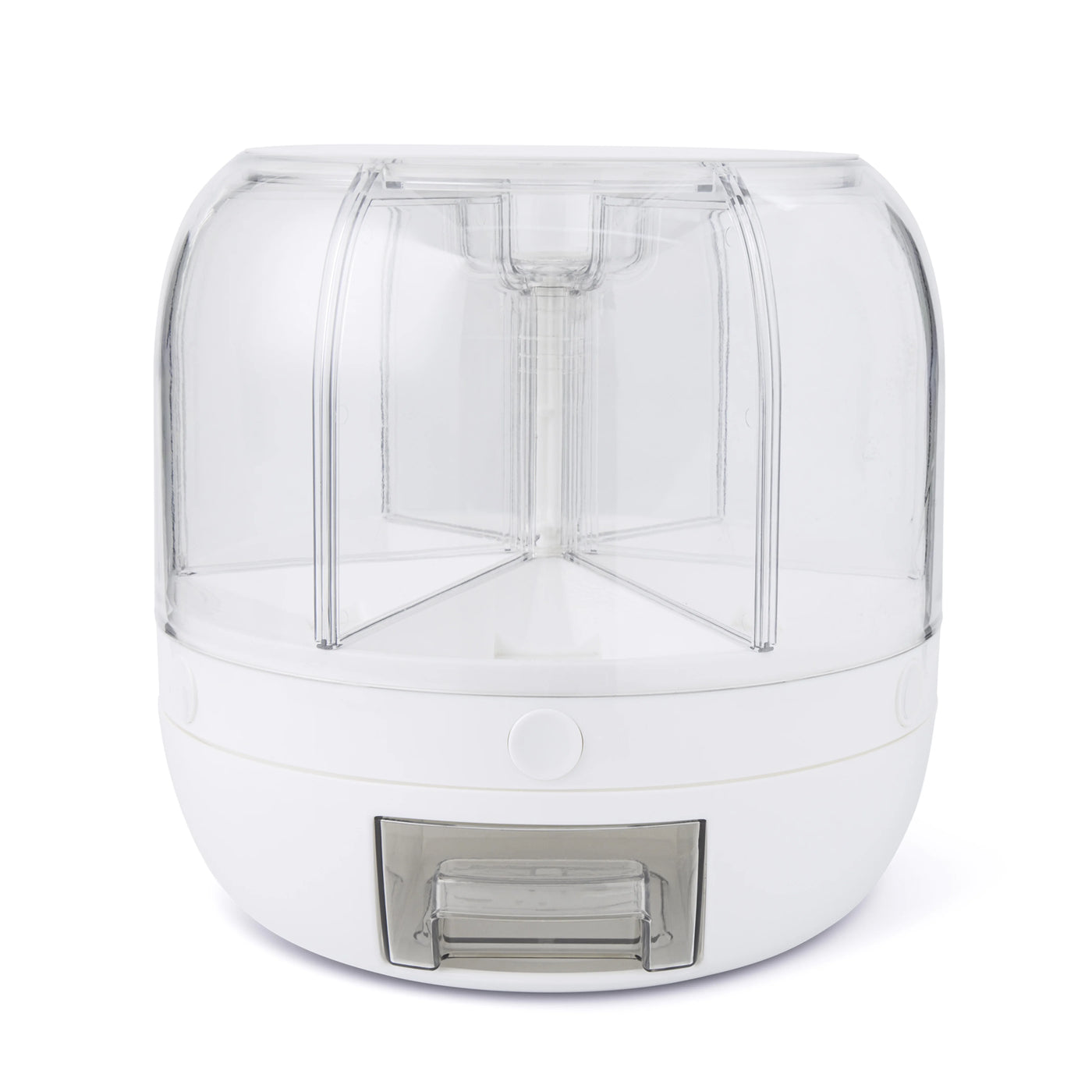 6 Section Rotating Food Storage Dispenser with Removable Drawer, White, for Pantry Organization, Meal Prep and Dry Food Storage