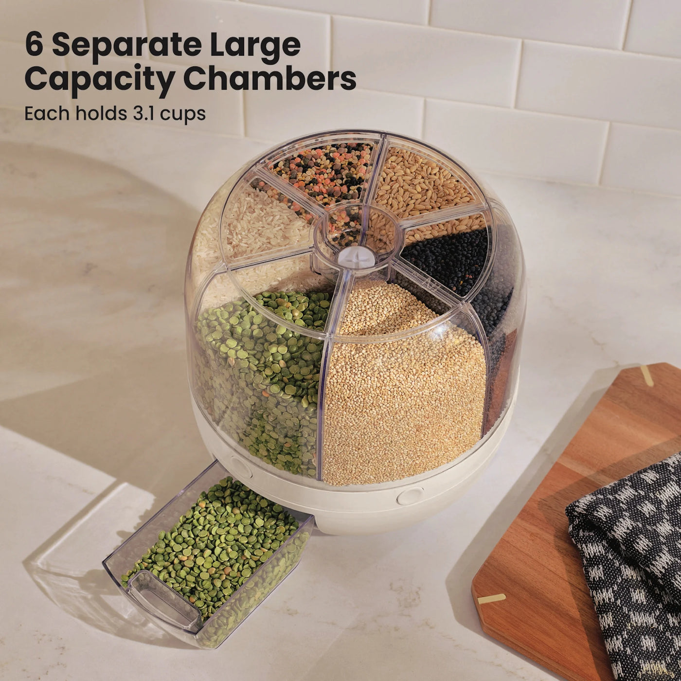 6 Section Rotating Food Storage Dispenser with Removable Drawer, White, for Pantry Organization, Meal Prep and Dry Food Storage