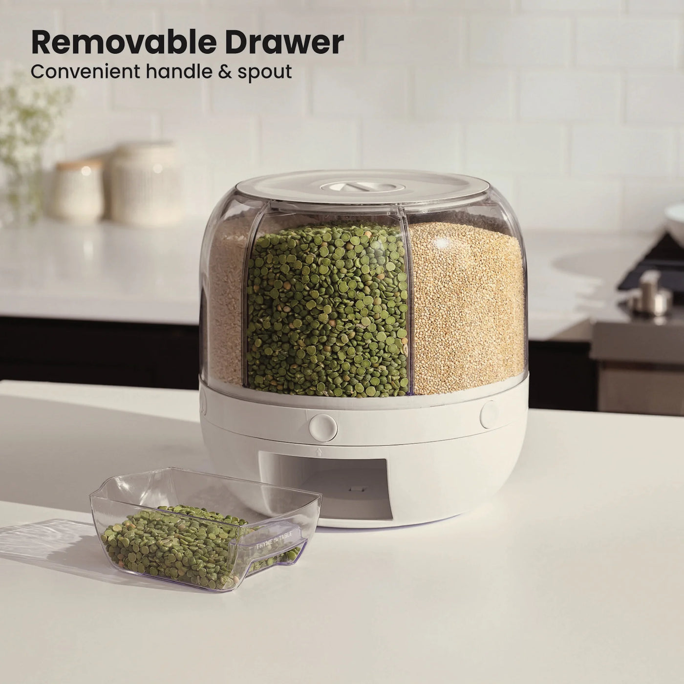 6 Section Rotating Food Storage Dispenser with Removable Drawer, White, for Pantry Organization, Meal Prep and Dry Food Storage