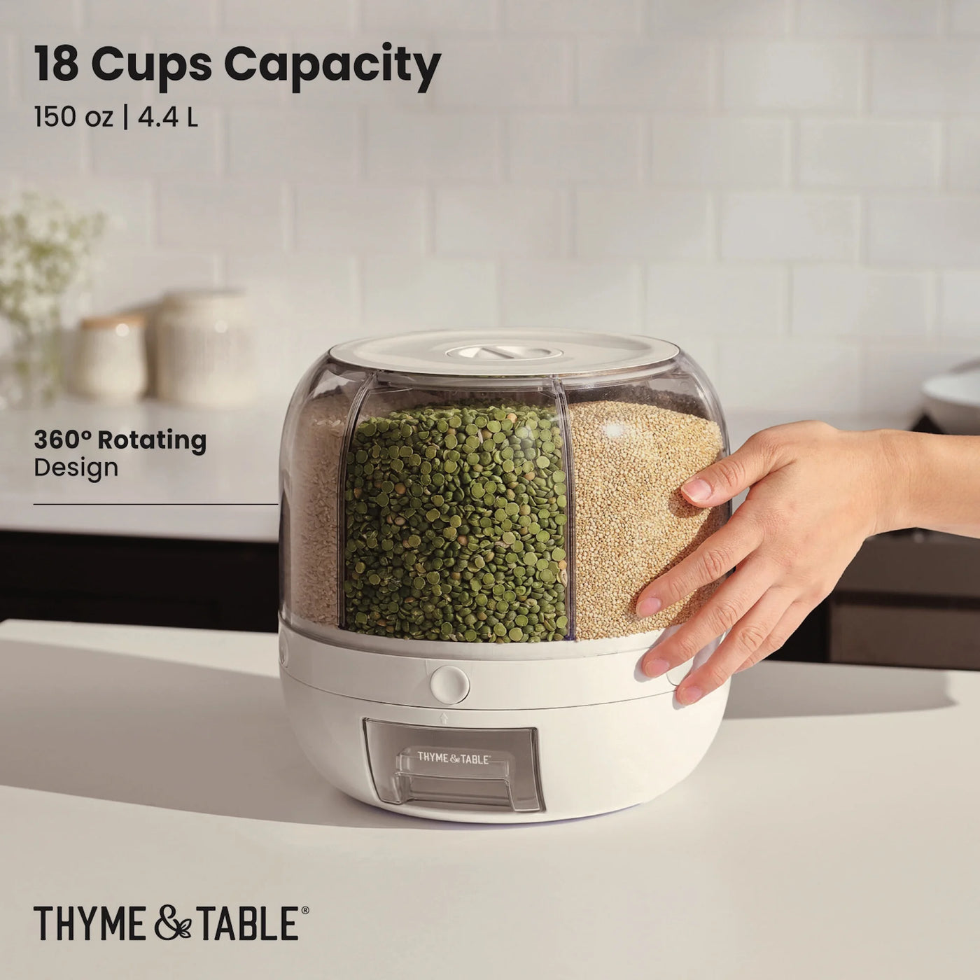 6 Section Rotating Food Storage Dispenser with Removable Drawer, White, for Pantry Organization, Meal Prep and Dry Food Storage