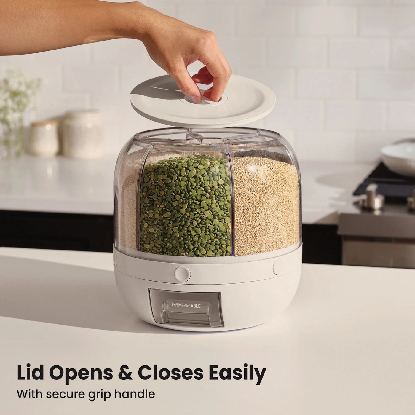 6 Section Rotating Food Storage Dispenser with Removable Drawer, White, for Pantry Organization, Meal Prep and Dry Food Storage