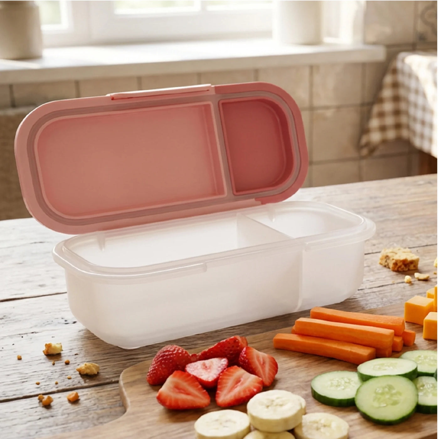 Melii 2-Compartment Snack Box, Plastic Food Storage Container in Blush and Berry, Perfect for Daily Lunch Packing
