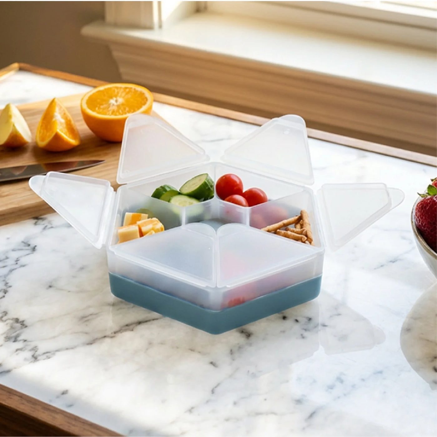 Melii Hexagon Snackle Box, 6 Compartment Snack Container, Slate Blue, for Pantry Organization, Meal Prep and Dry Food Storage