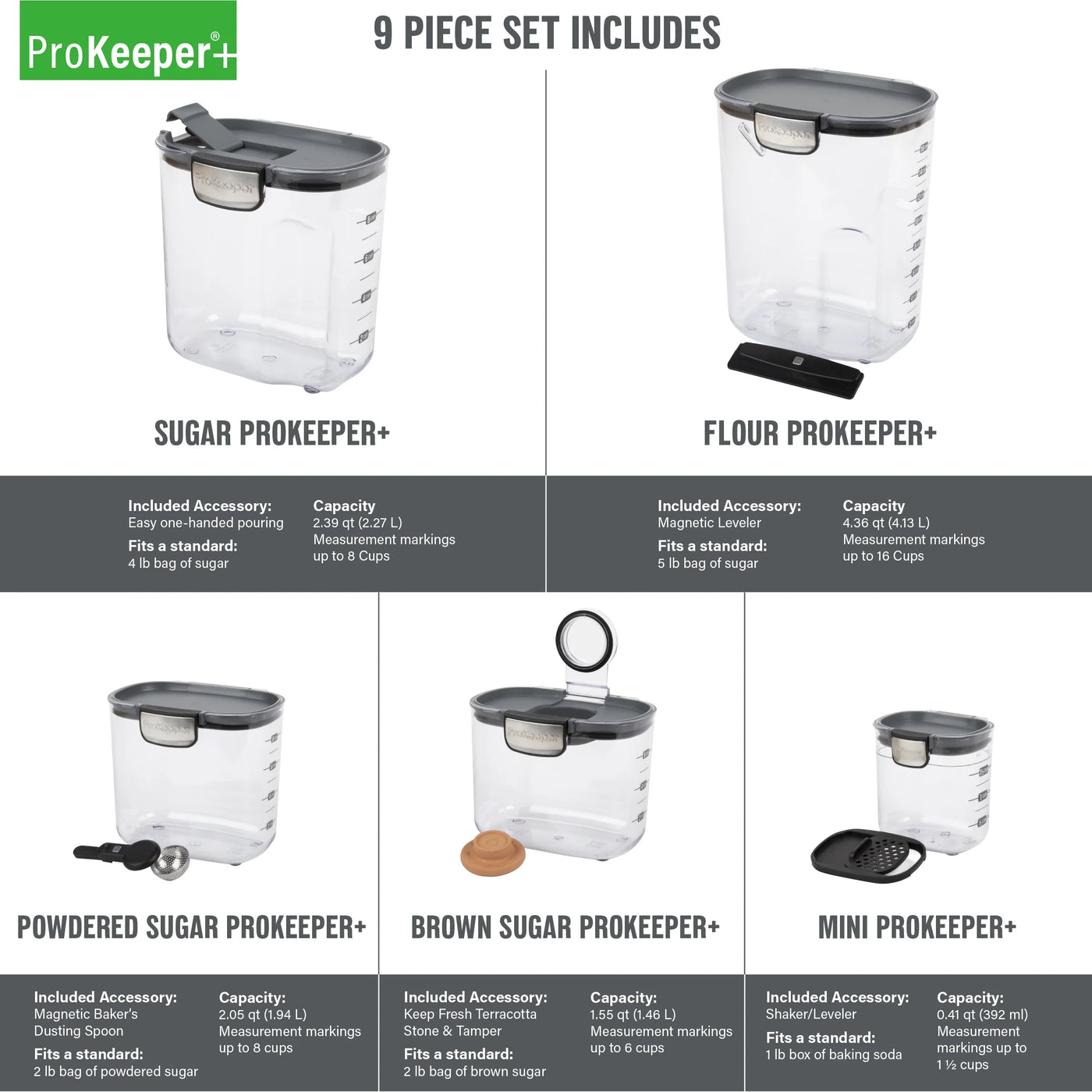 + 9-Piece Baker's Storage Container Set with Airtight Seal for Pantry Organization, for Pantry Organization, Meal Prep and Dry Food Storage