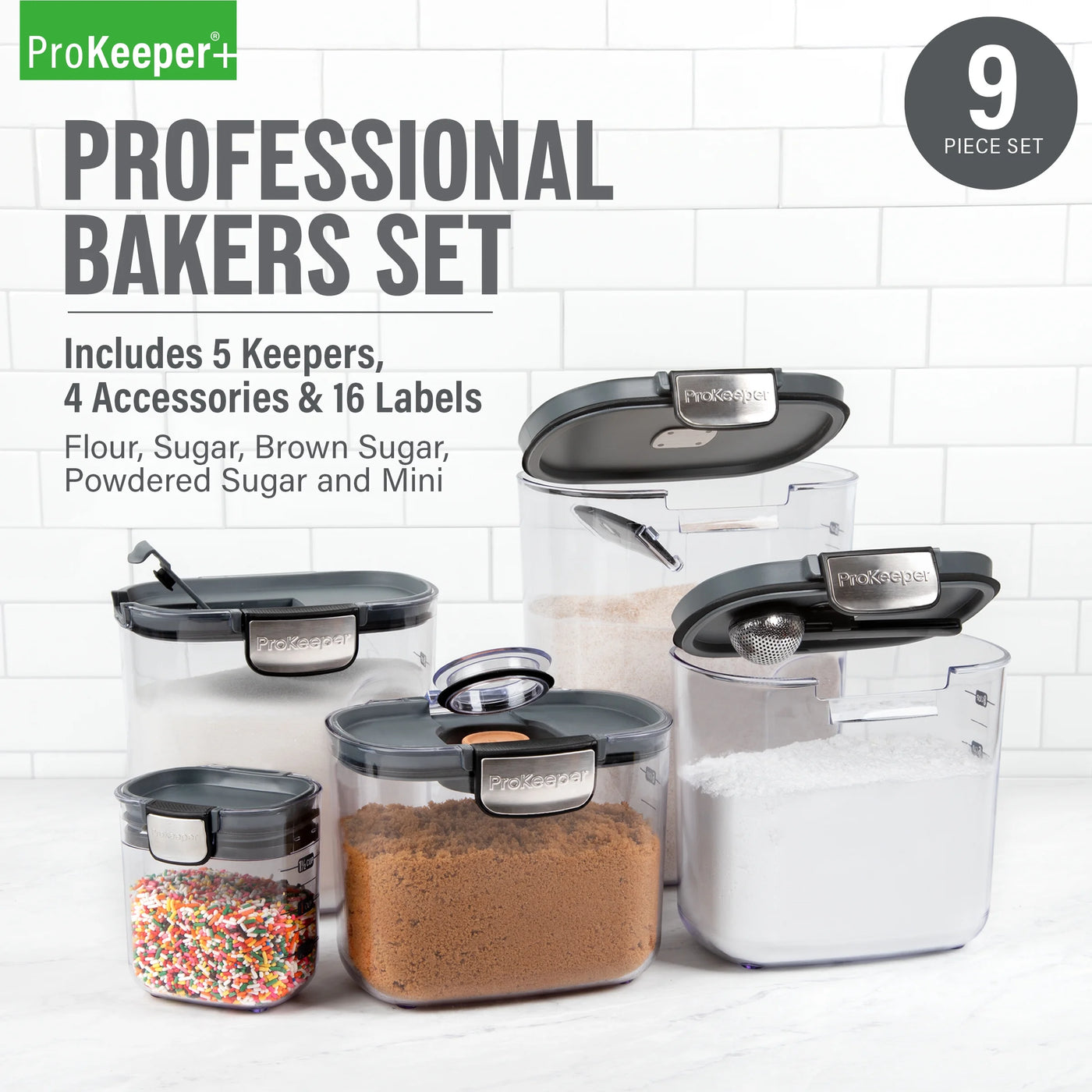 + 9-Piece Baker's Storage Container Set with Airtight Seal for Pantry Organization, for Pantry Organization, Meal Prep and Dry Food Storage