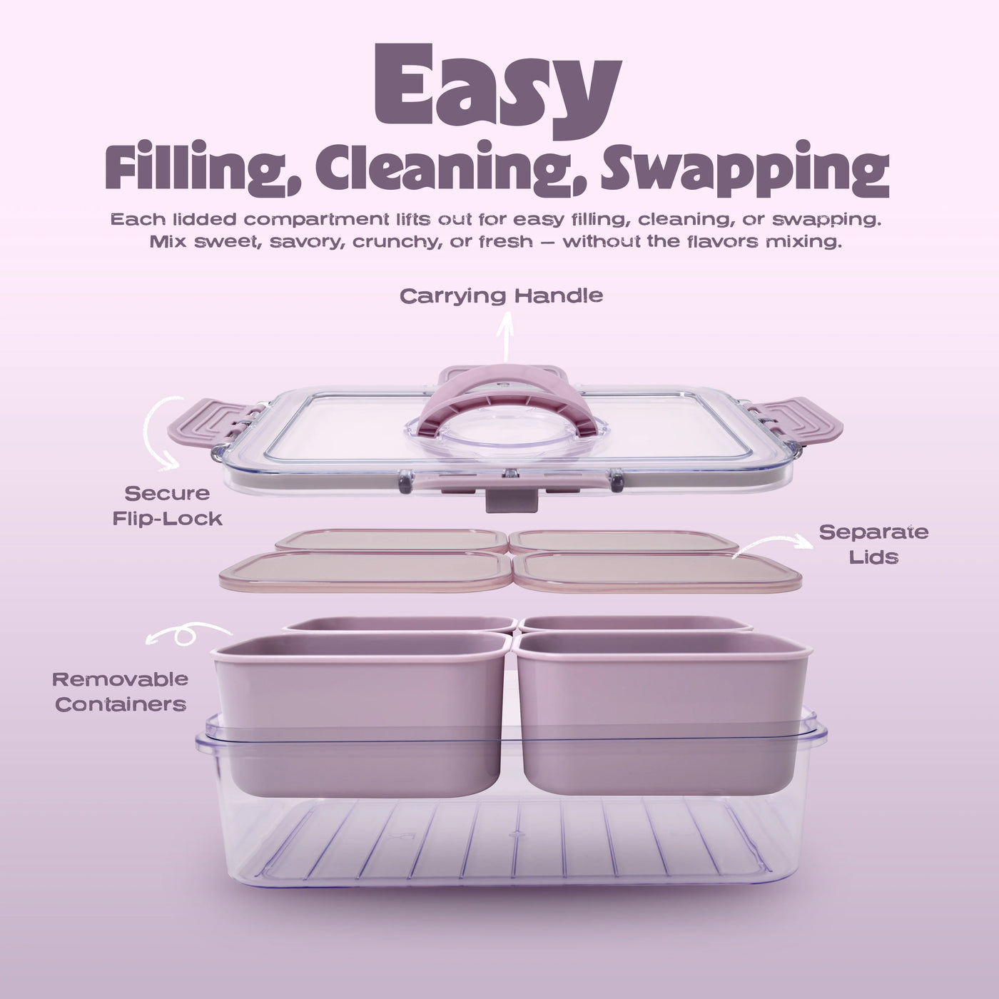 (2-pack) Cook with Color Purple Portable 4-Compartment Snack Food Storage Container, Portable and Dishwasher Safe with Ice Packs