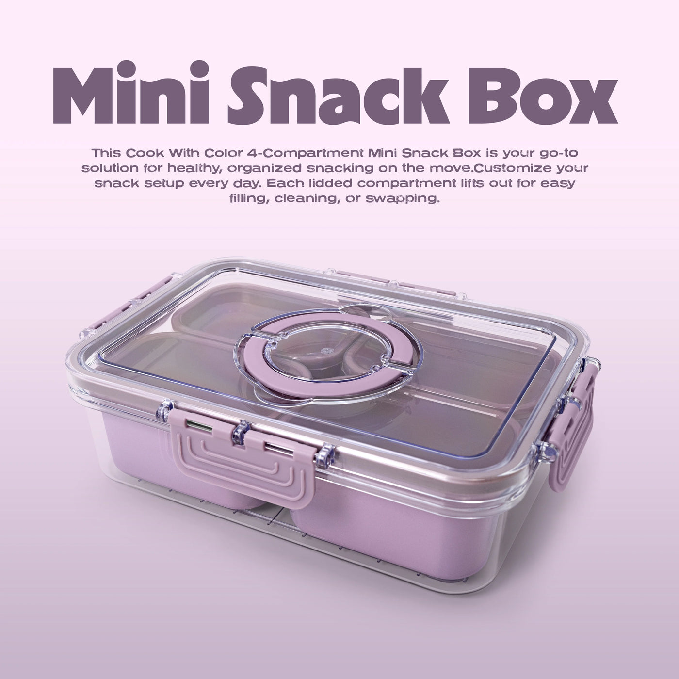 (2-pack) Cook with Color Purple Portable 4-Compartment Snack Food Storage Container, Portable and Dishwasher Safe with Ice Packs