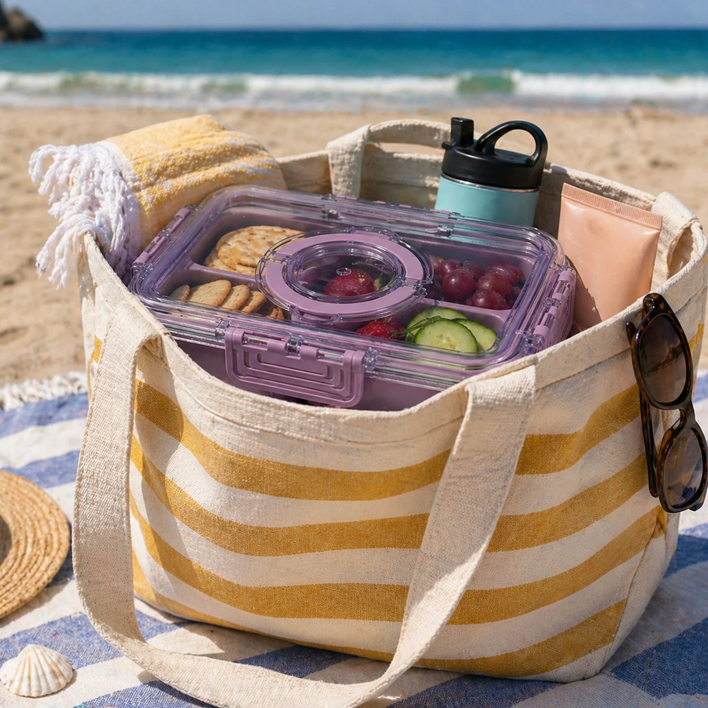 (2-pack) Cook with Color Purple Portable 4-Compartment Snack Food Storage Container, Portable and Dishwasher Safe with Ice Packs