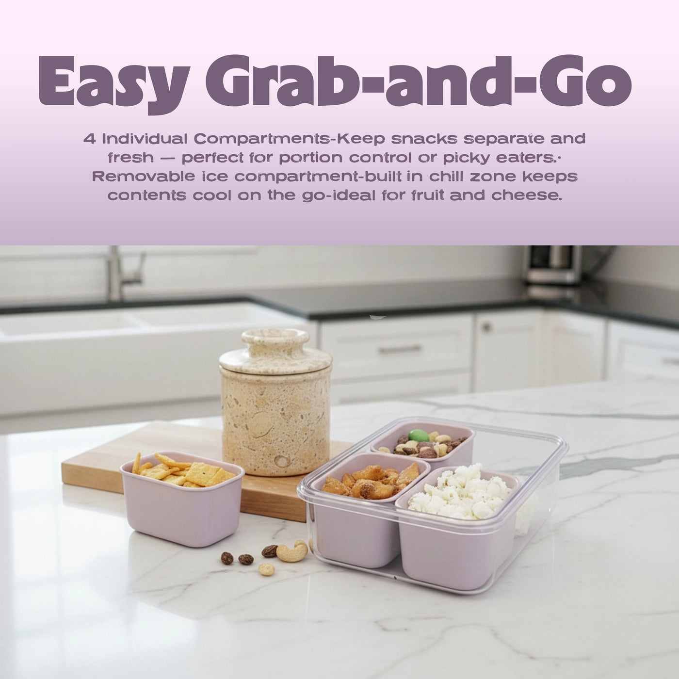 (2-pack) Cook with Color Purple Portable 4-Compartment Snack Food Storage Container, Portable and Dishwasher Safe with Ice Packs