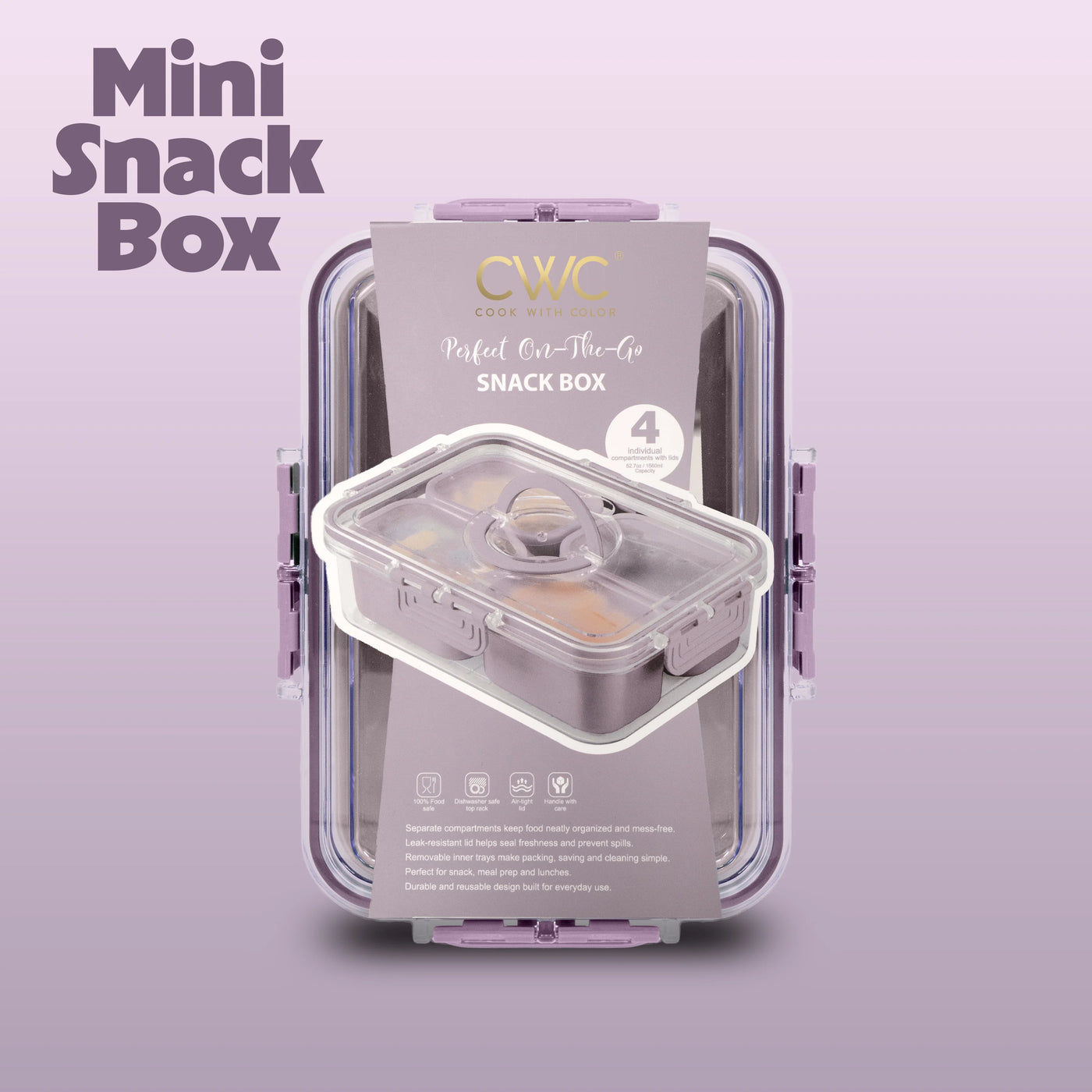 (2-pack) Cook with Color Purple Portable 4-Compartment Snack Food Storage Container, Portable and Dishwasher Safe with Ice Packs