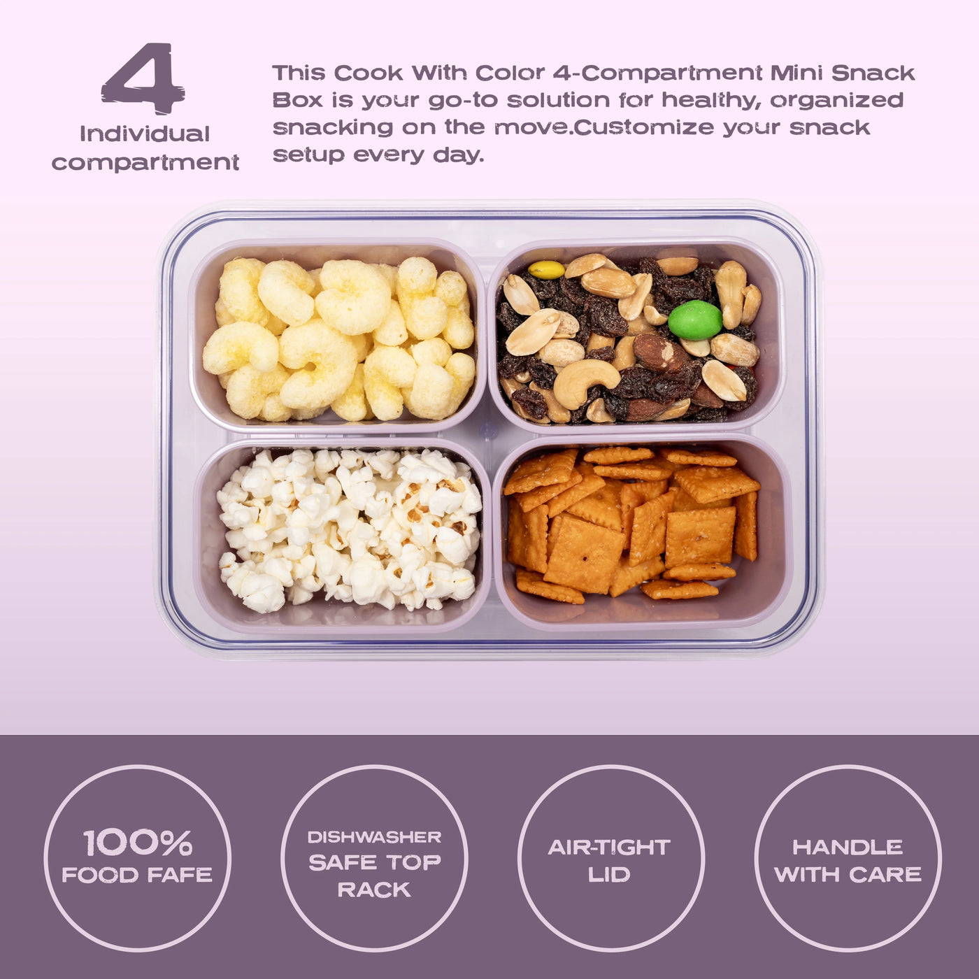 (2-pack) Cook with Color Purple Portable 4-Compartment Snack Food Storage Container, Portable and Dishwasher Safe with Ice Packs