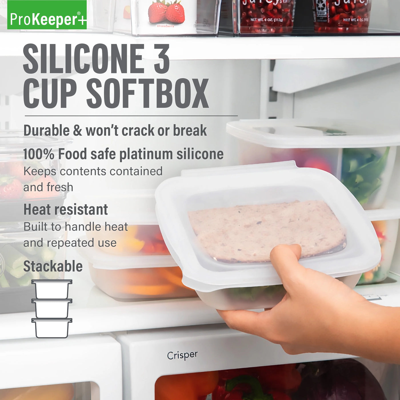 + 3 Cup Silicone Softbox for School Lunches and Activities, for Everyday Home Kitchen Cooking, Storage and Organization