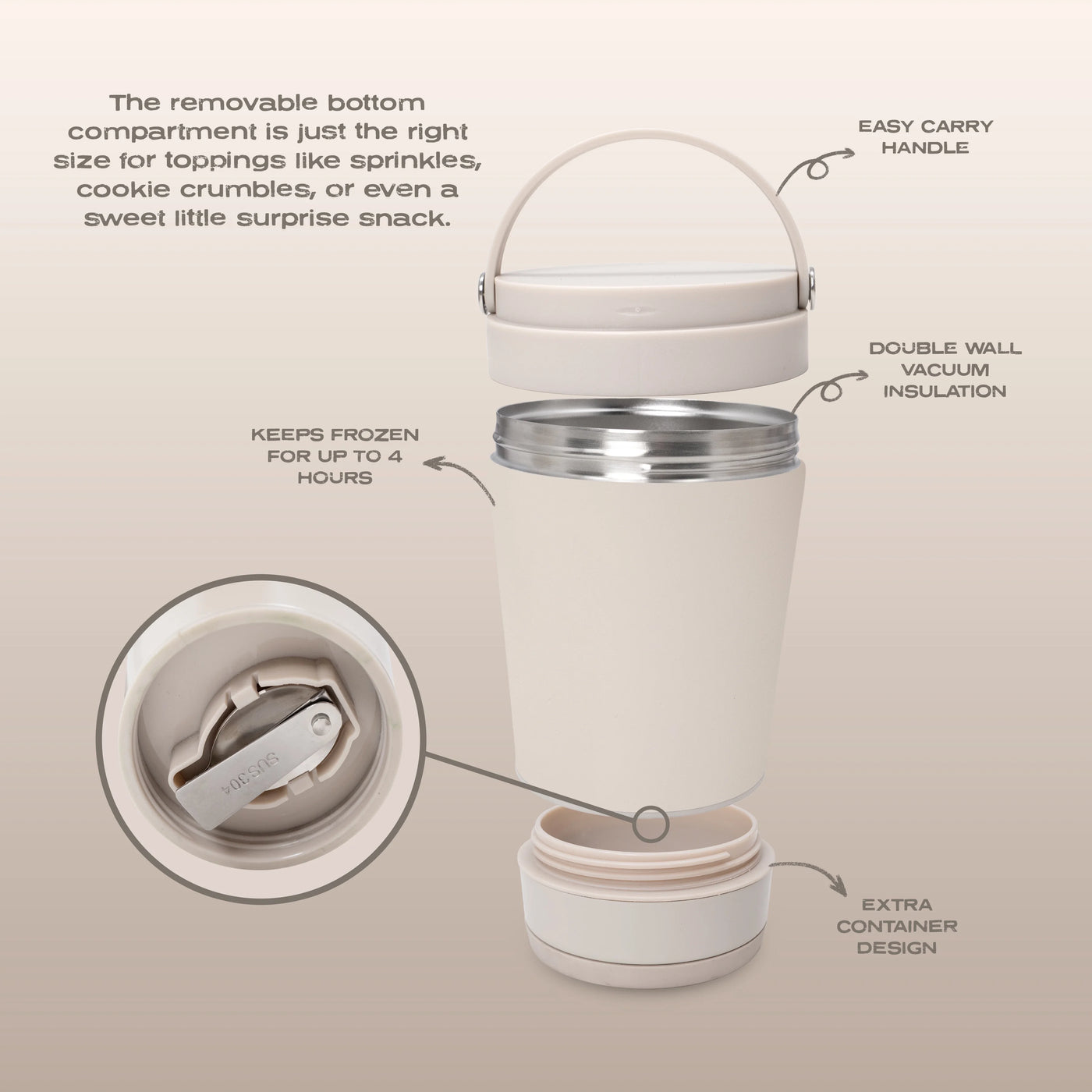 Cook with Color Insulated Ice Cream Holder or Soup Container with Toppings Compartment and Spoon, Taupe, Made for Portable Food Storage