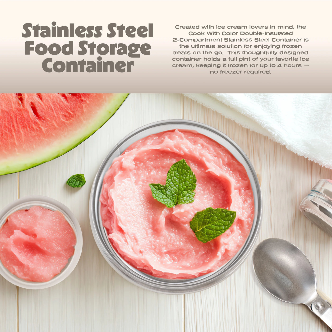 Cook with Color Insulated Ice Cream Holder or Soup Container with Toppings Compartment and Spoon, Taupe, Made for Portable Food Storage