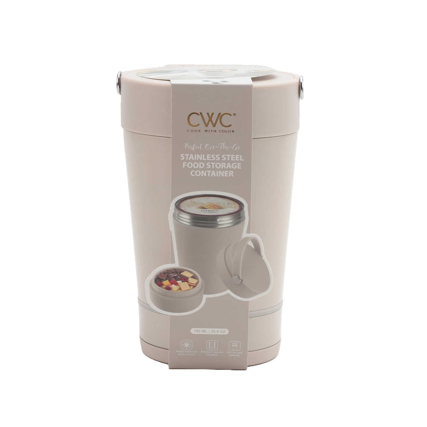 Cook with Color Insulated Ice Cream Holder or Soup Container with Toppings Compartment and Spoon, Taupe, Made for Portable Food Storage