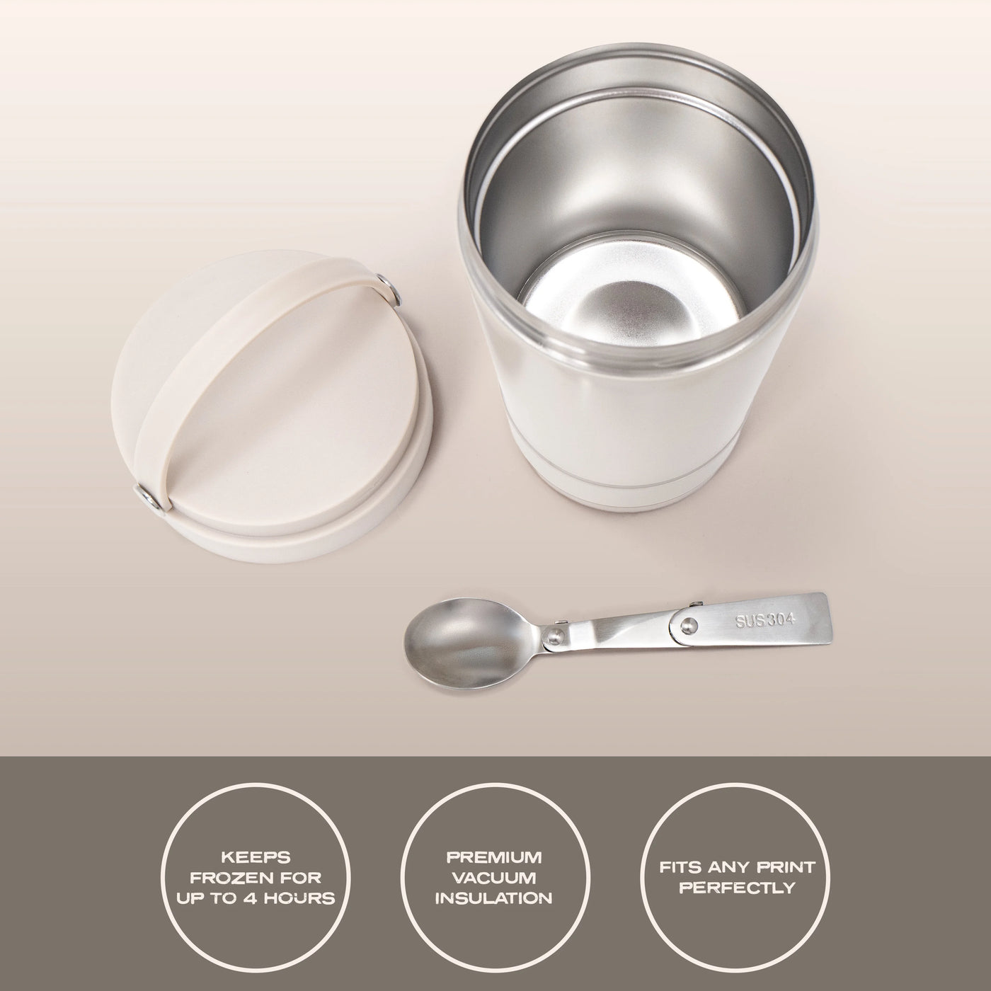 Cook with Color Insulated Ice Cream Holder or Soup Container with Toppings Compartment and Spoon, Taupe, Made for Portable Food Storage