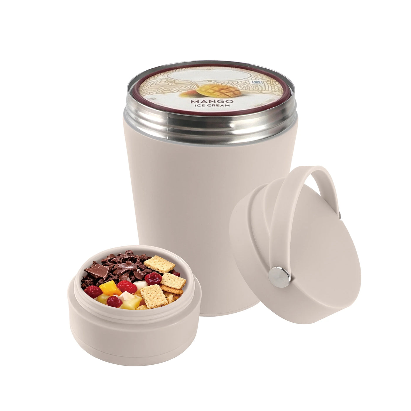 Cook with Color Insulated Ice Cream Holder or Soup Container with Toppings Compartment and Spoon, Taupe, Made for Portable Food Storage