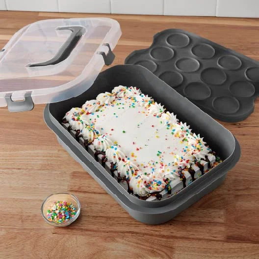 Rectangular Cupcake and Cake Carrier with Lid, Handle, Clasps and Removeable Flippible Cupcake Tray, Grey Plastic
