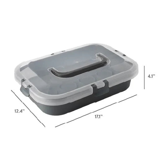 Rectangular Cupcake and Cake Carrier with Lid, Handle, Clasps and Removeable Flippible Cupcake Tray, Grey Plastic