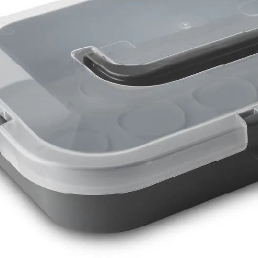 Rectangular Cupcake and Cake Carrier with Lid, Handle, Clasps and Removeable Flippible Cupcake Tray, Grey Plastic