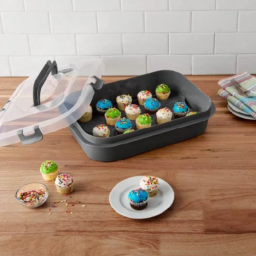 Rectangular Cupcake and Cake Carrier with Lid, Handle, Clasps and Removeable Flippible Cupcake Tray, Grey Plastic