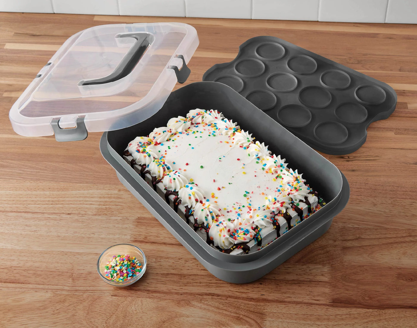 Rectangular Cupcake and Cake Carrier with Lid, Handle, Clasps and Removeable Flippible Cupcake Tray, Grey Plastic