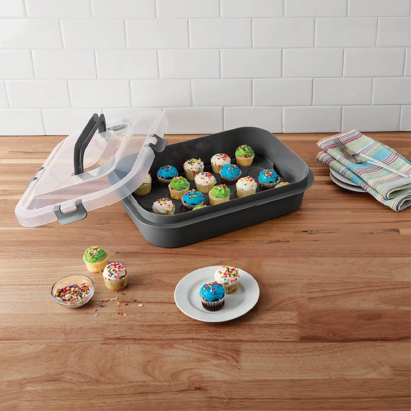 Rectangular Cupcake and Cake Carrier with Lid, Handle, Clasps and Removeable Flippible Cupcake Tray, Grey Plastic