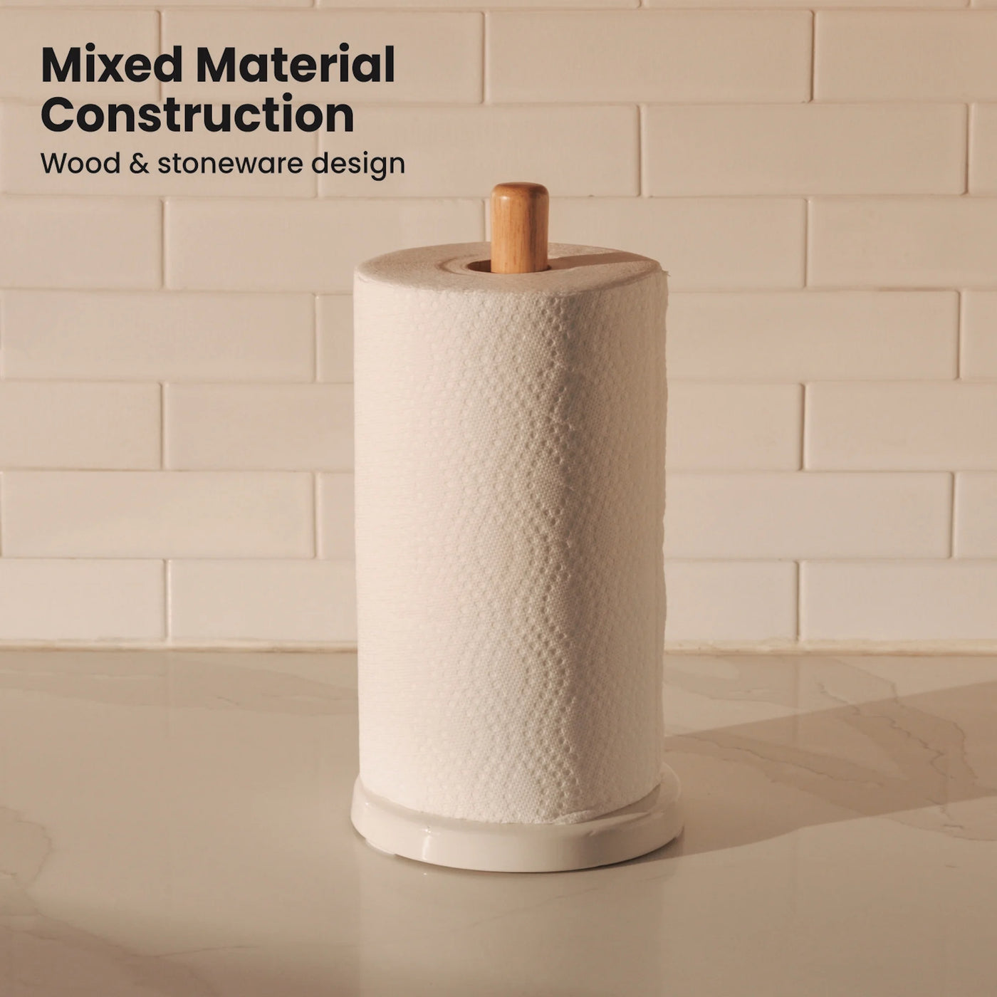 Bamboo and Ceramic Paper Towel Holder, for Drying Dishes, Wiping Counters and Everyday Kitchen Cleaning