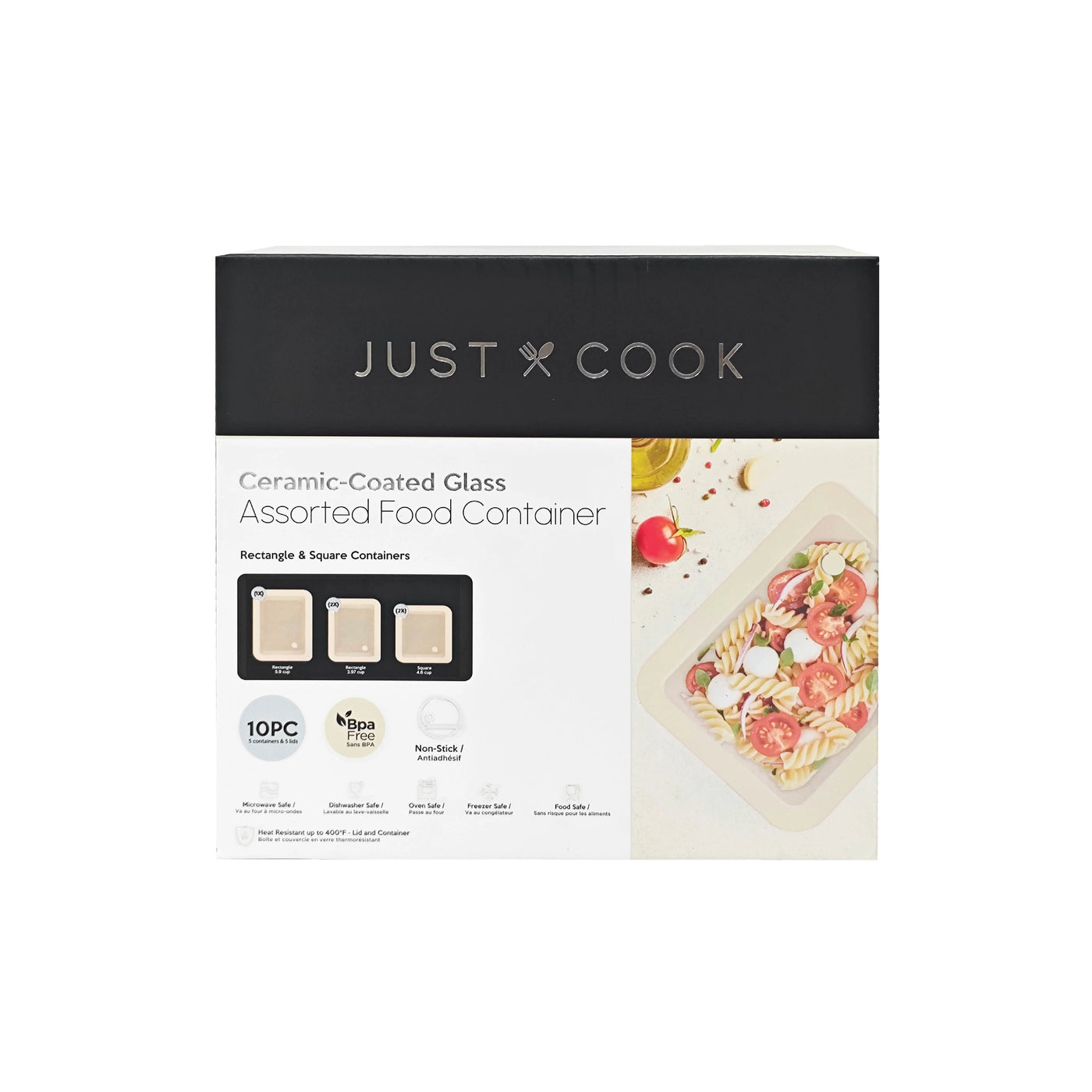 Just Cook Ceramic Glass Food Storage Container Set for Meal Prep and Leftover Storage, 10-Pack, for Pantry Organization