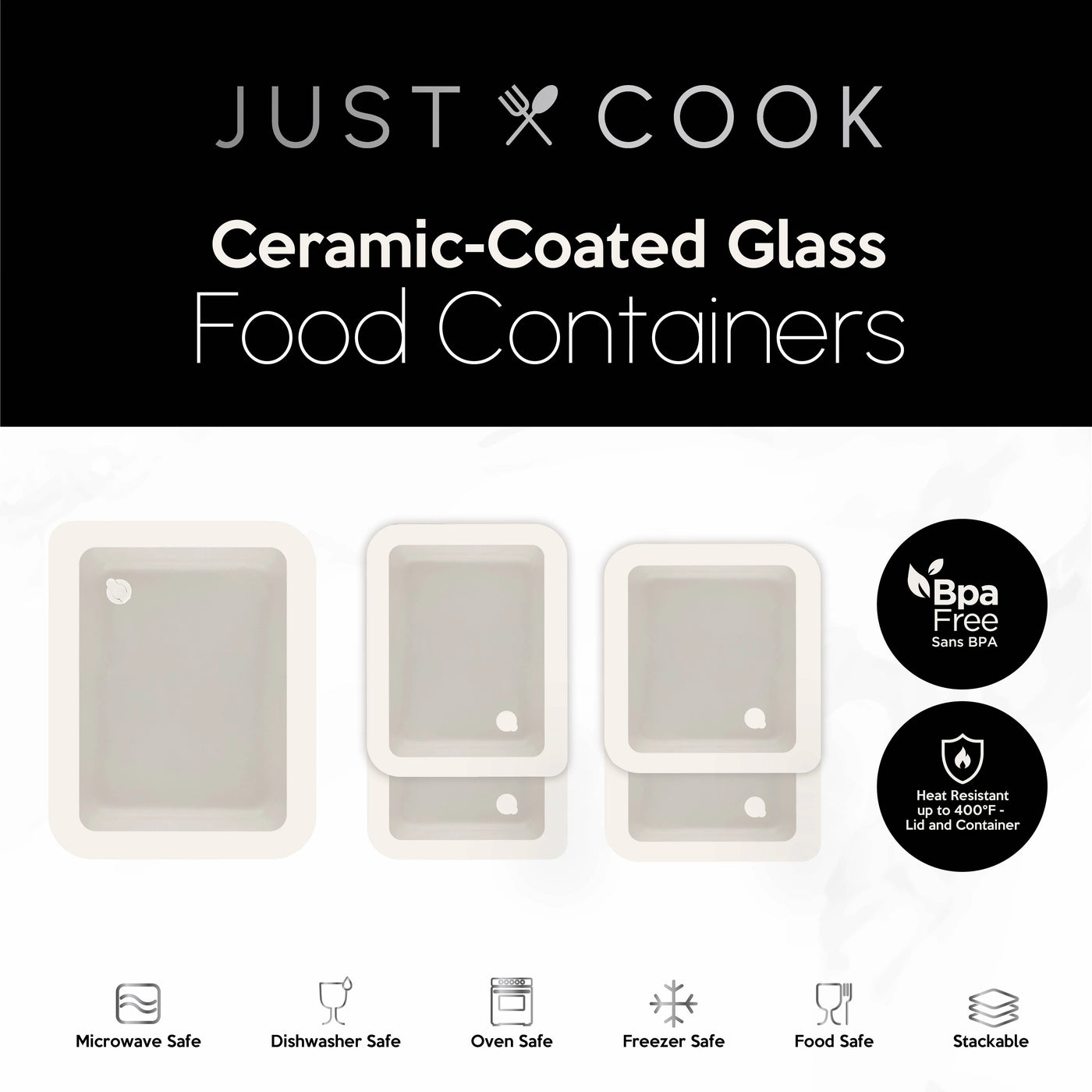 Just Cook Ceramic Glass Food Storage Container Set for Meal Prep and Leftover Storage, 10-Pack, for Pantry Organization